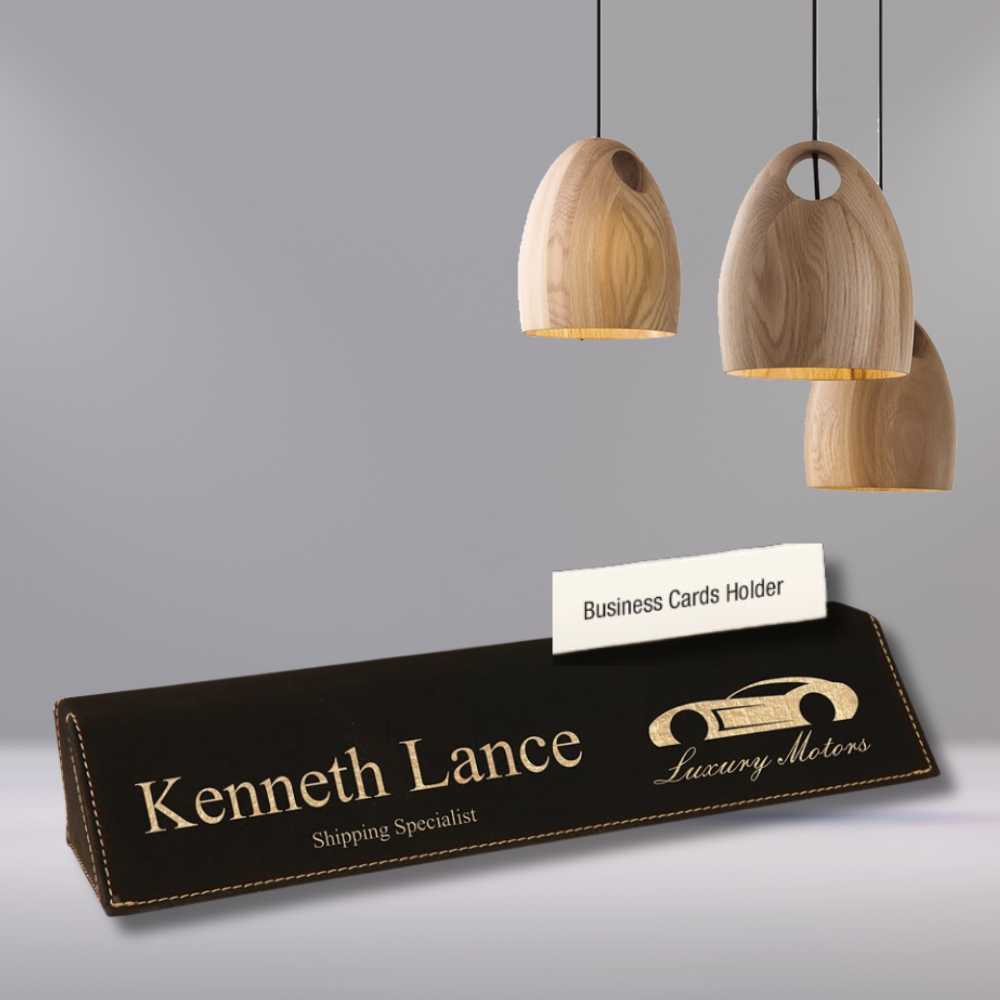 Custom engraved name plate desk wedge with name, title, and business card holder