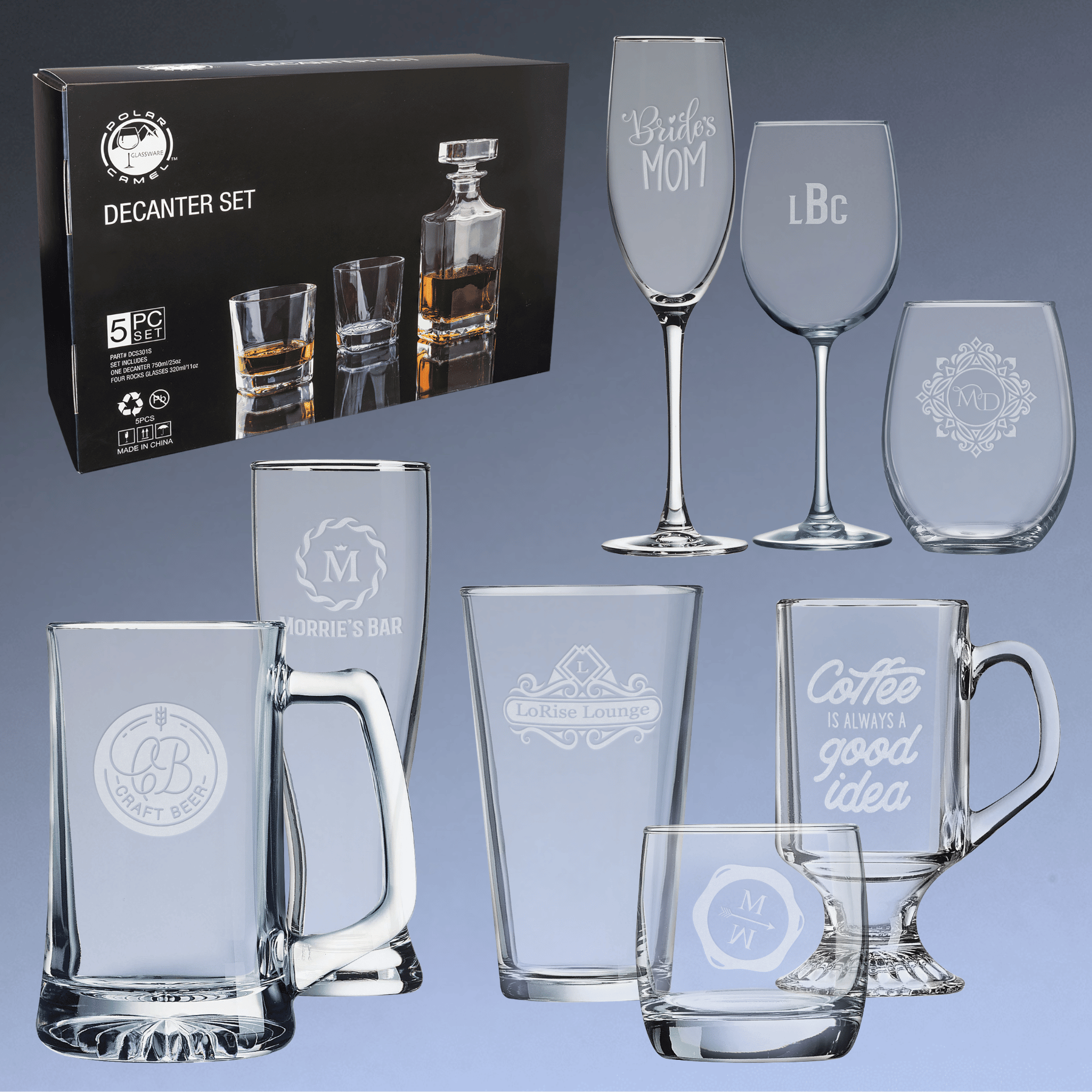 Engraved Glassware and Stemware Collection with Laser Etching
