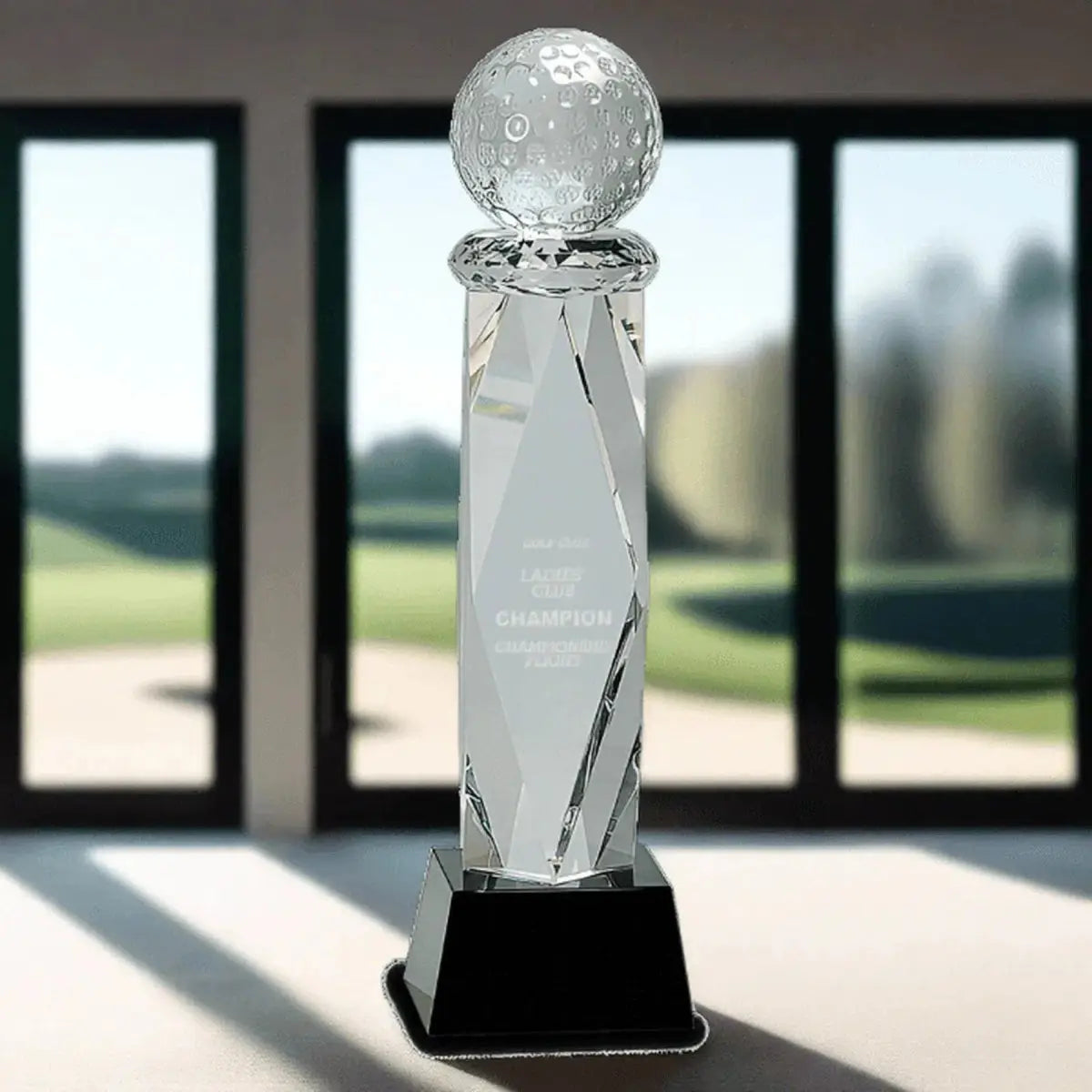 Crystal Golf Ball Award Faceted Column | Custom Engraved Crystal / Clear / 3"(W) x 10 3/4"(H)