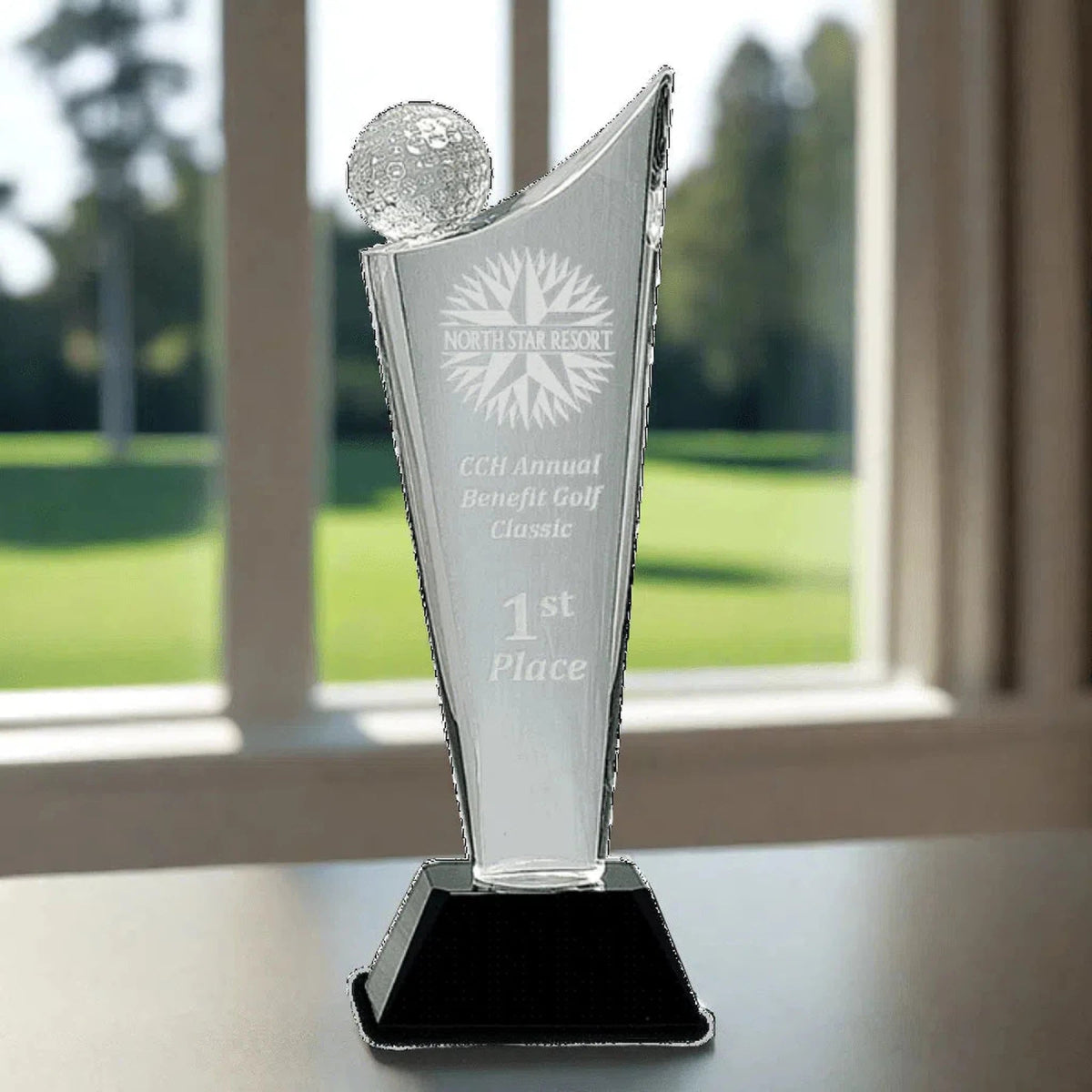 10 3/4" Crystal Golf Wave Award with a Black Pedestal Base Crystal / Clear / 3 1/2" (W) x 10 3/4" (H)