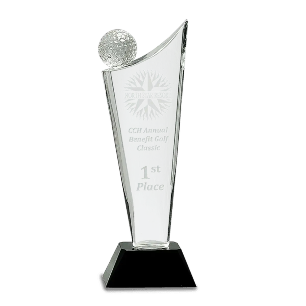 10 3/4" Crystal Golf Wave Award with a Black Pedestal Base Crystal / Clear / 3 1/2" (W) x 10 3/4" (H)