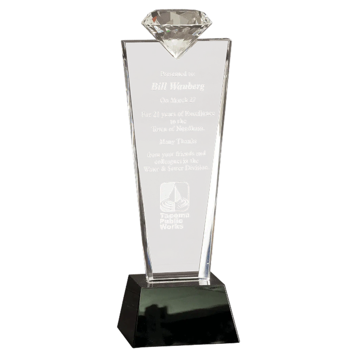 Crystal Diamond Top Award on Black Pedestal Base Crystal / Clear / 3 1/4"(W) x 11"(H)