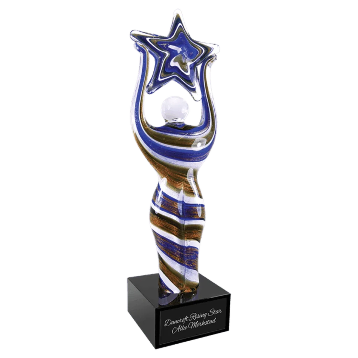 12" Figure with Star Art Glass Award Sculpture Art Glass / Blue Swirl / 3 1/8" (W) x 12 (H)