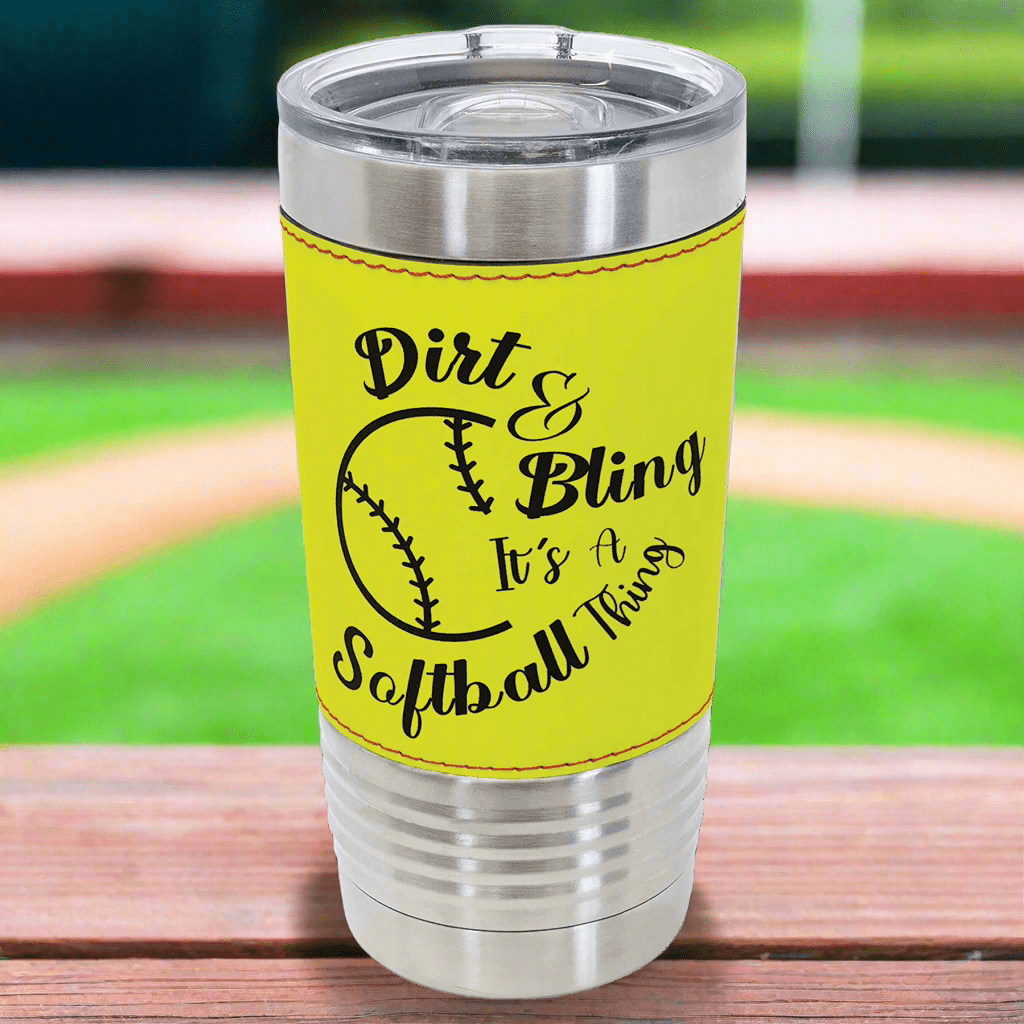 Personalized Ringneck Tumblers – Polar Camel Insulated Tumblers 20 oz. / Sport Theme Leatherette Wrap / Softball Tumbler (Slider Lid)