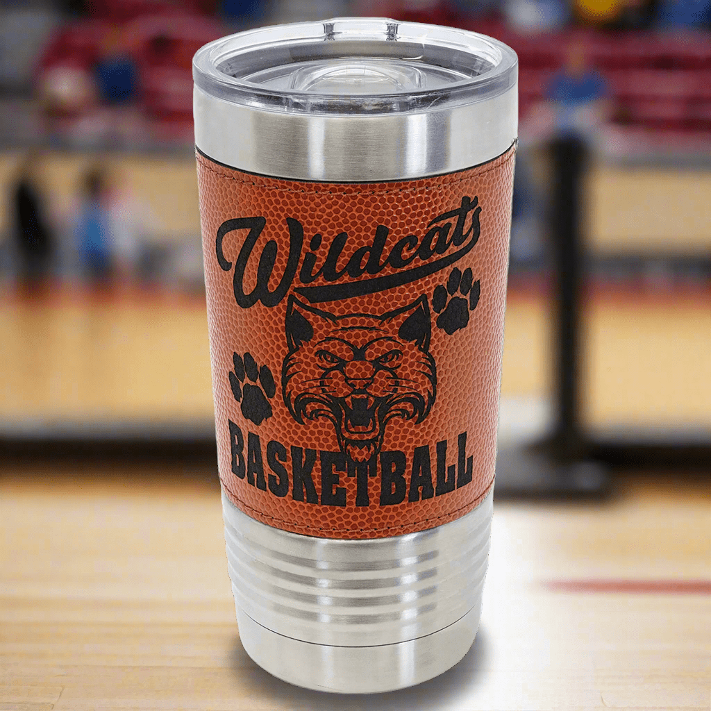 Personalized Ringneck Tumblers – Polar Camel Insulated Tumblers 20 oz. / Sport Theme Leatherette Wrap / Basketball Tumbler (Slider Lid)