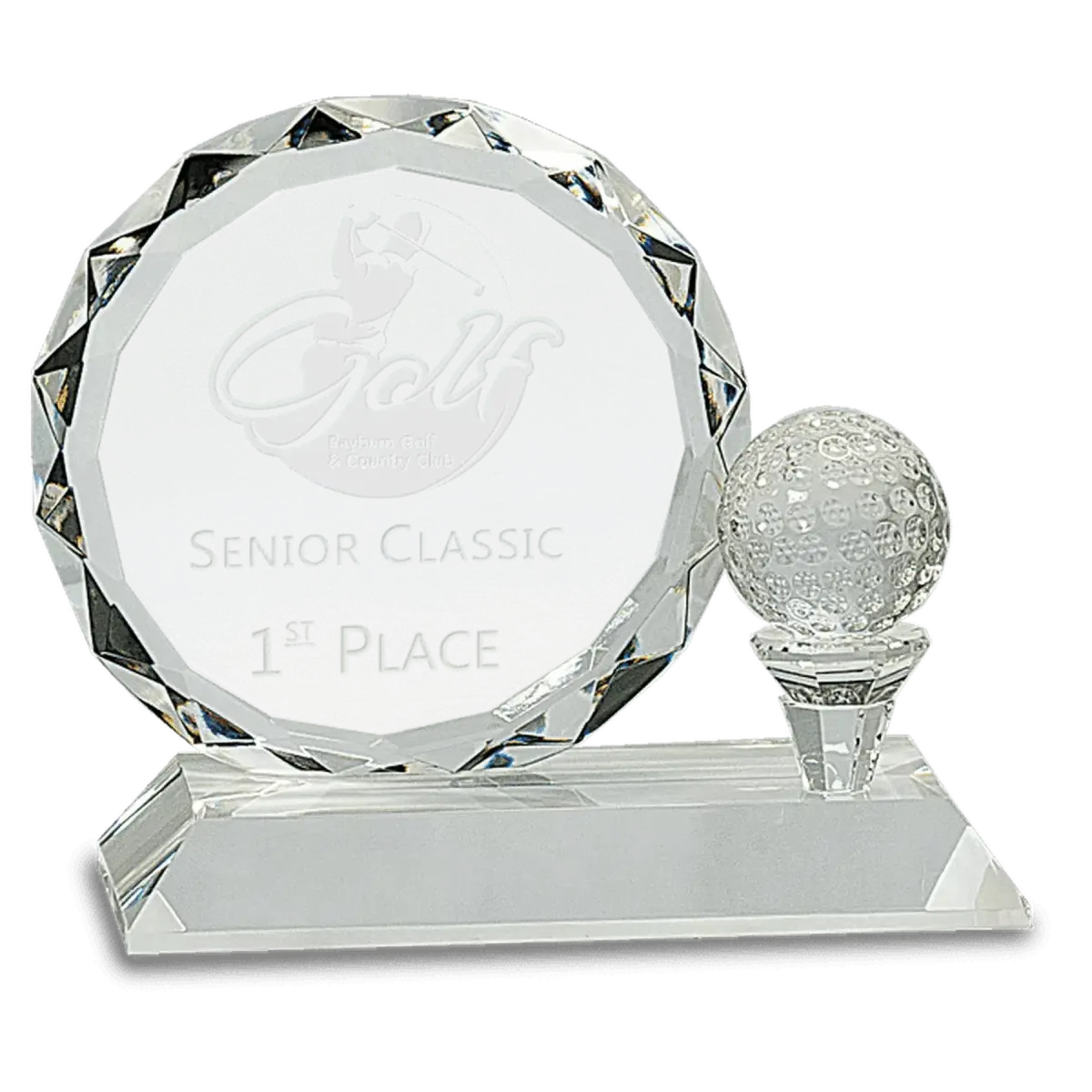 Crystal Golf Awards – Premium Recognition Trophies Round Facet Crystal with Golf Ball and Tee / 6 1/4"(W) x 5 1/4"(H) / Clear
