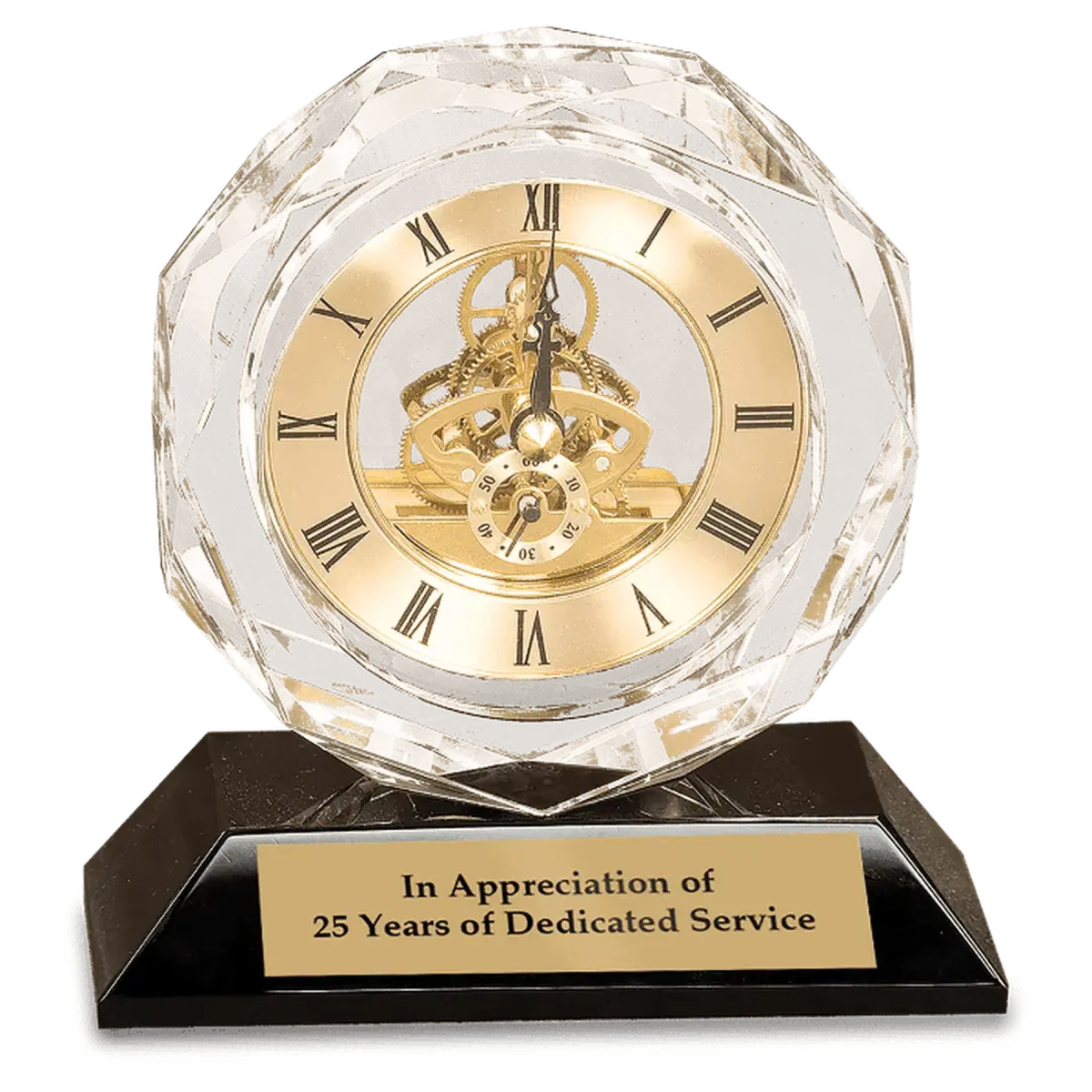 Laser Etched Crystal Desk Clocks – Personalized Awards, Gifts & Home Decor Faceted Crystal with Gold Gears and Face / Black Pedestal Base / 5" x 3 1/4"