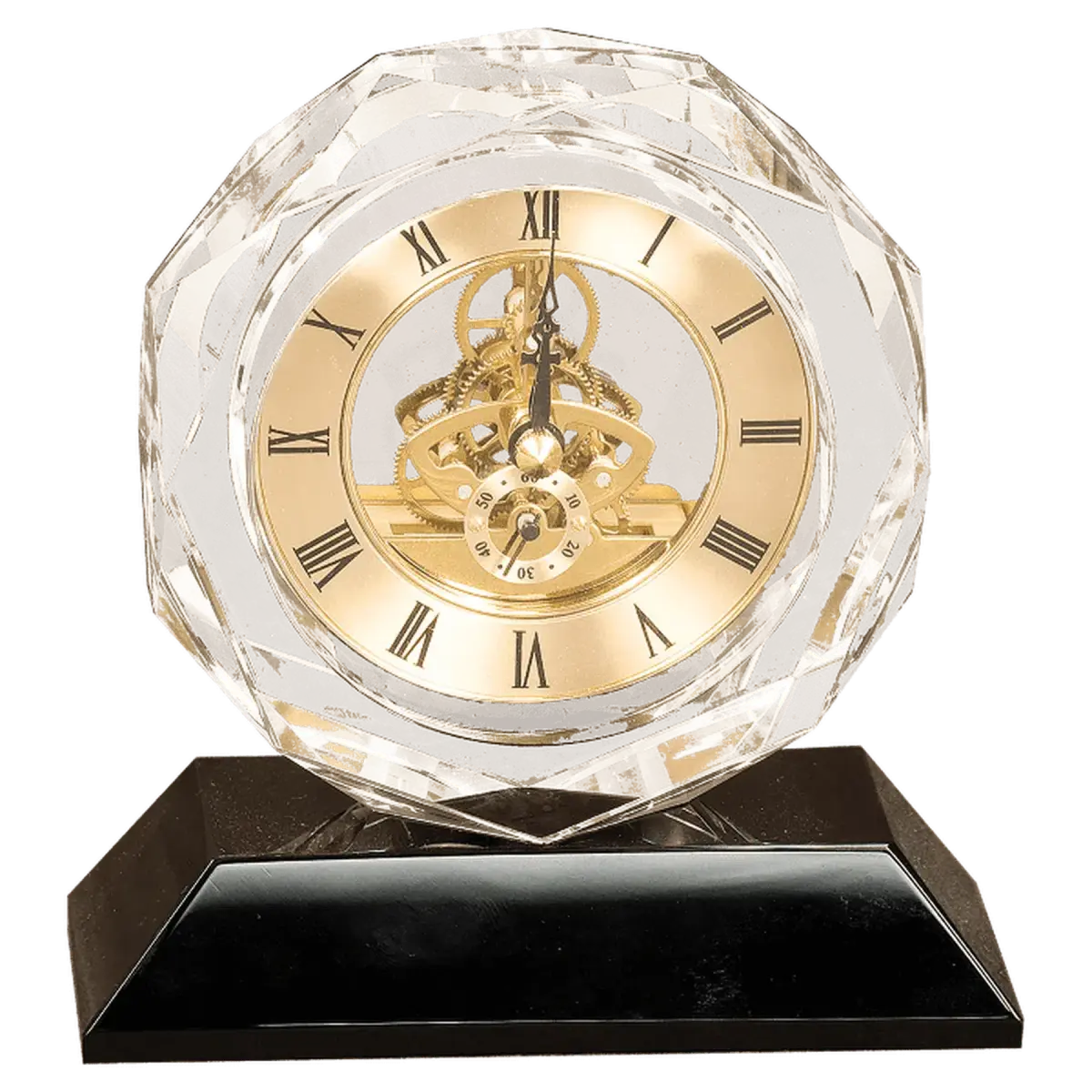 Laser Etched Crystal Desk Clocks – Personalized Awards, Gifts & Home Decor Faceted Crystal with Gold Gears and Face / Black Pedestal Base / 5" x 3 1/4"