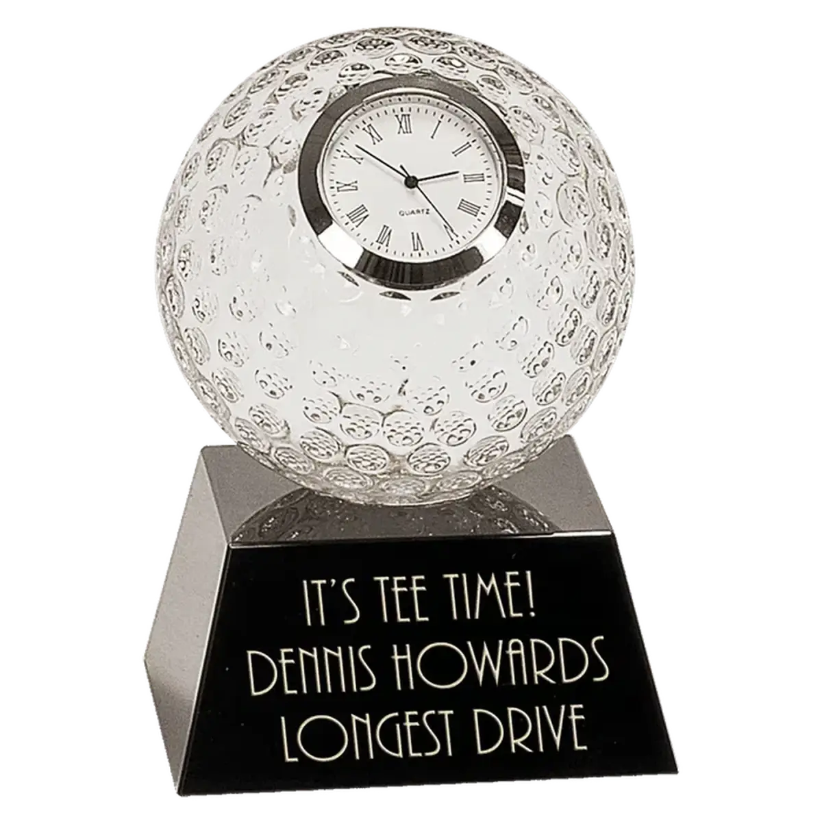 Laser Etched Crystal Desk Clocks – Personalized Awards, Gifts & Home Decor Dimpled Golf Ball / Black Pedestal Base / 5" x 3 1/4"