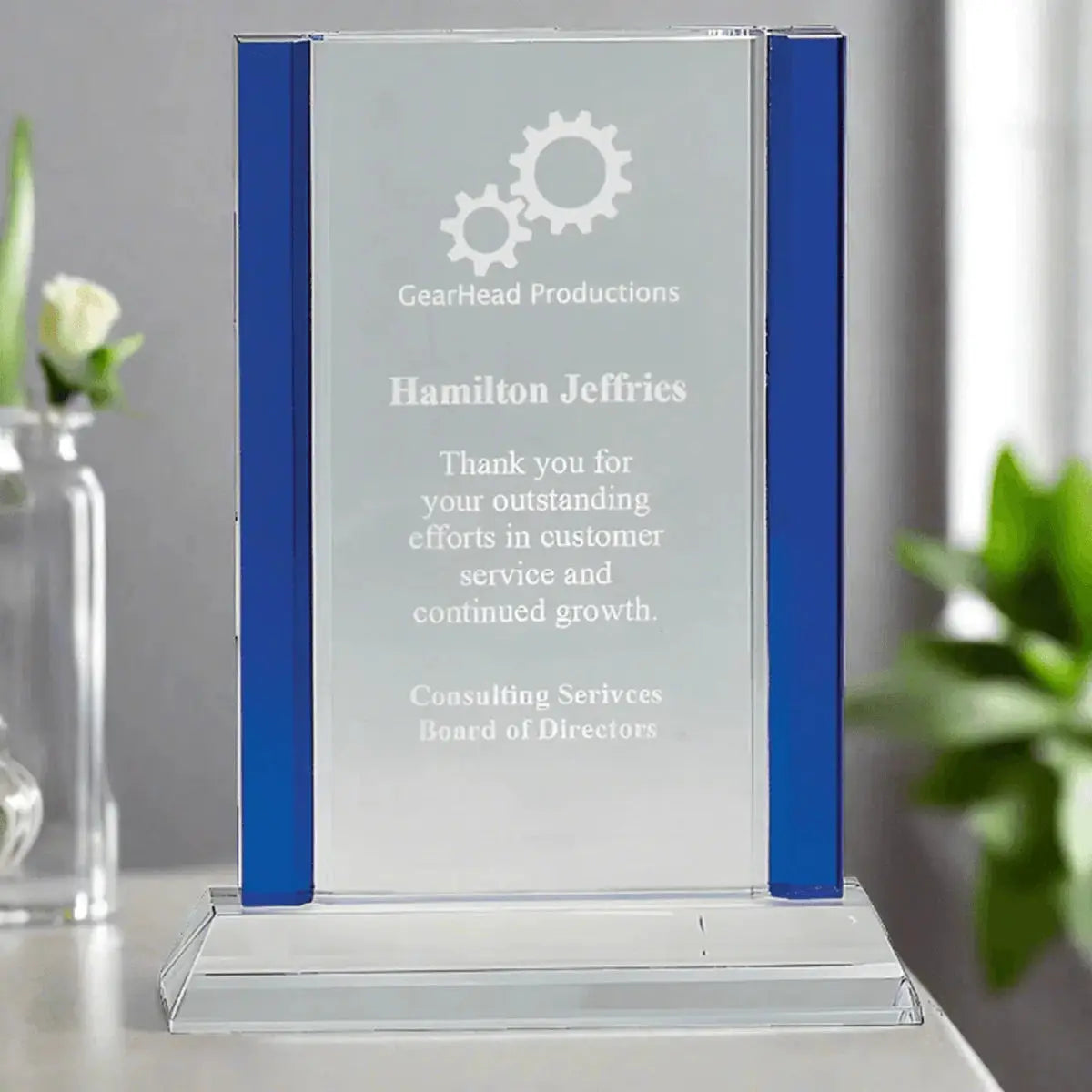 Blue Edge Crystal Awards – Personalized Corporate Recognition Rectangle / Blue / 6 1/2" x 7"