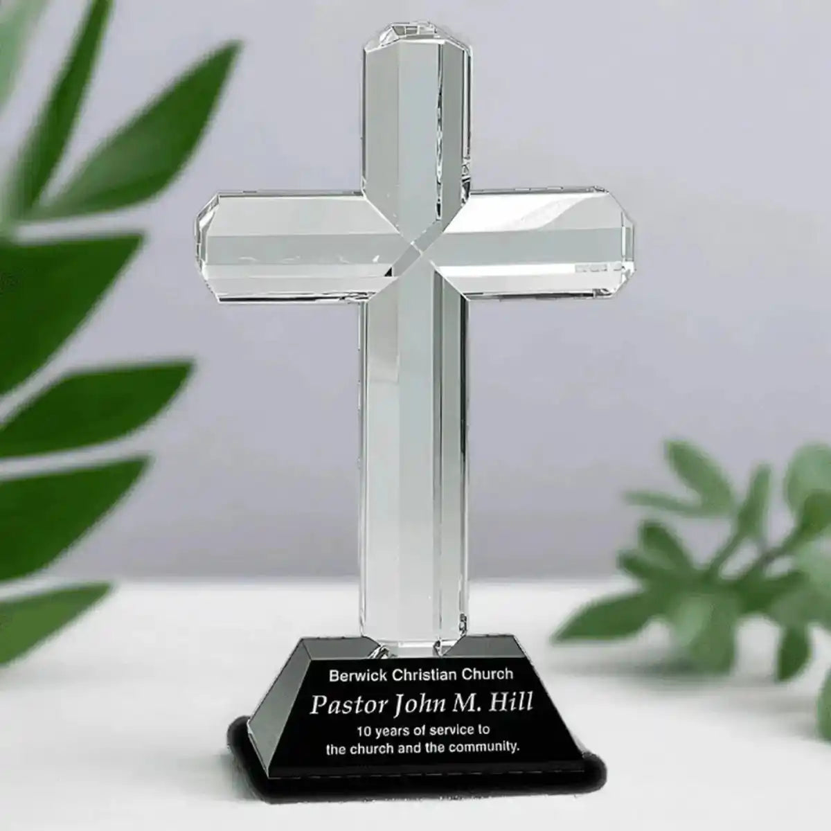Laser Etched Crystal Cross on Pedestal Base | Faith-Based Recognition Blue / 5 1/4"(L) x 8 1/2"(H)