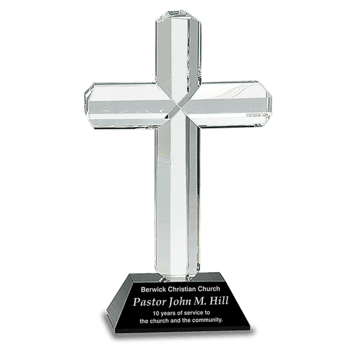 Laser Etched Crystal Cross on Pedestal Base | Faith-Based Recognition Blue / 5 1/4"(L) x 8 1/2"(H)