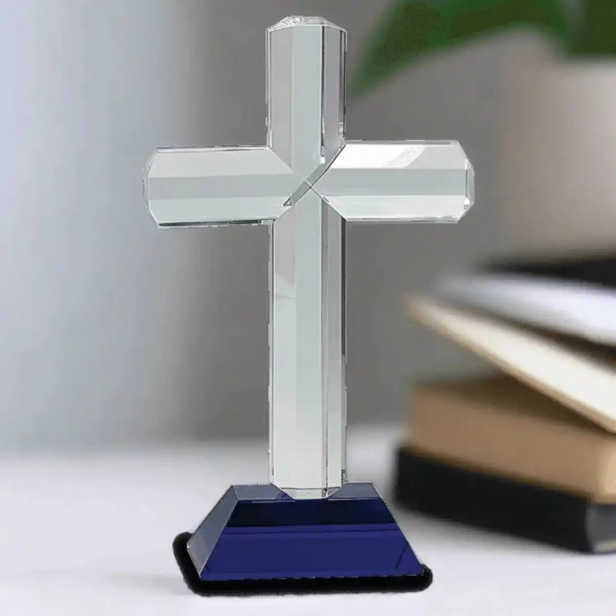 Laser Etched Crystal Cross on Pedestal Base | Faith-Based Recognition Blue / 5 1/4"(L) x 8 1/2"(H)