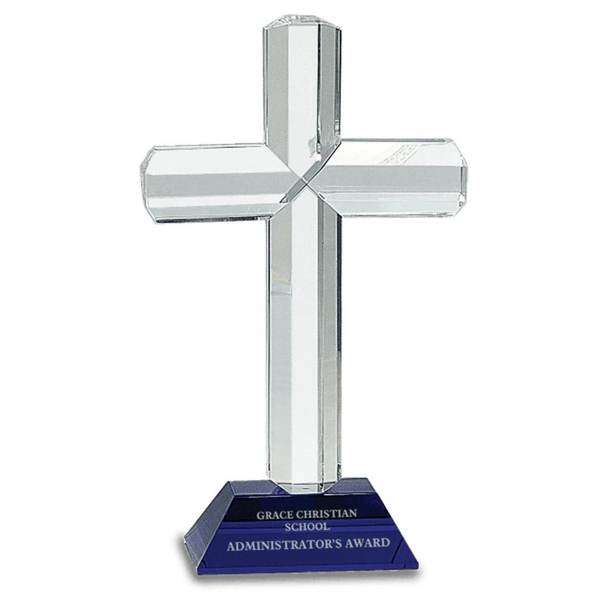 Laser Etched Crystal Cross on Pedestal Base | Faith-Based Recognition Blue / 5 1/4"(L) x 8 1/2"(H)