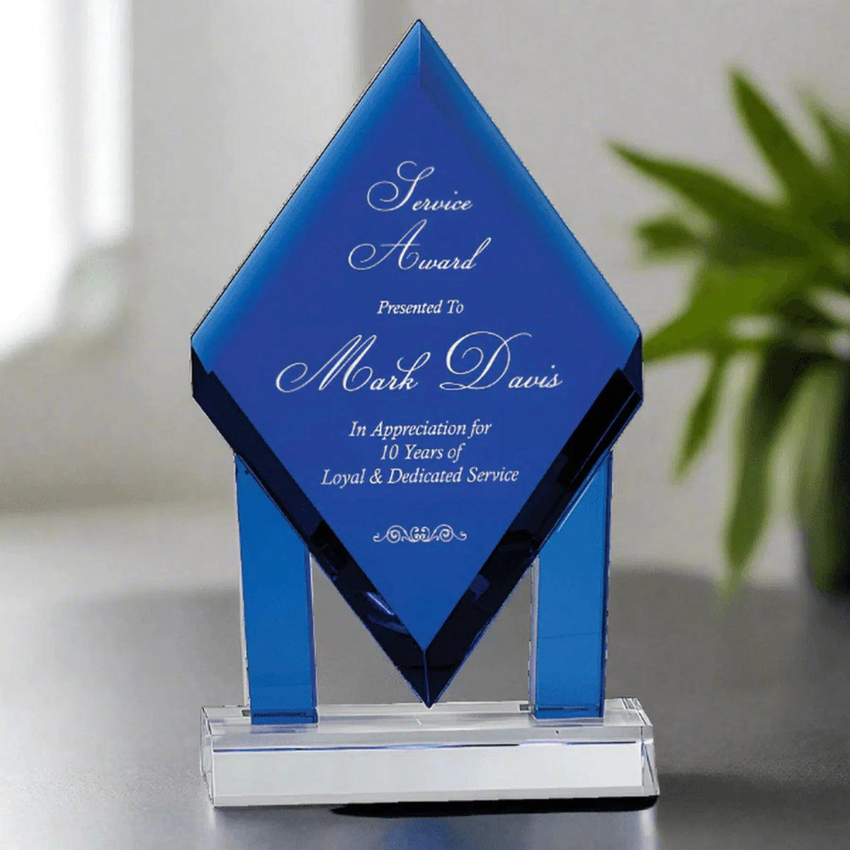 Floating Blue Crystal Diamond Award with Custom Engraving 5"(L) x 8 3/4"(H)