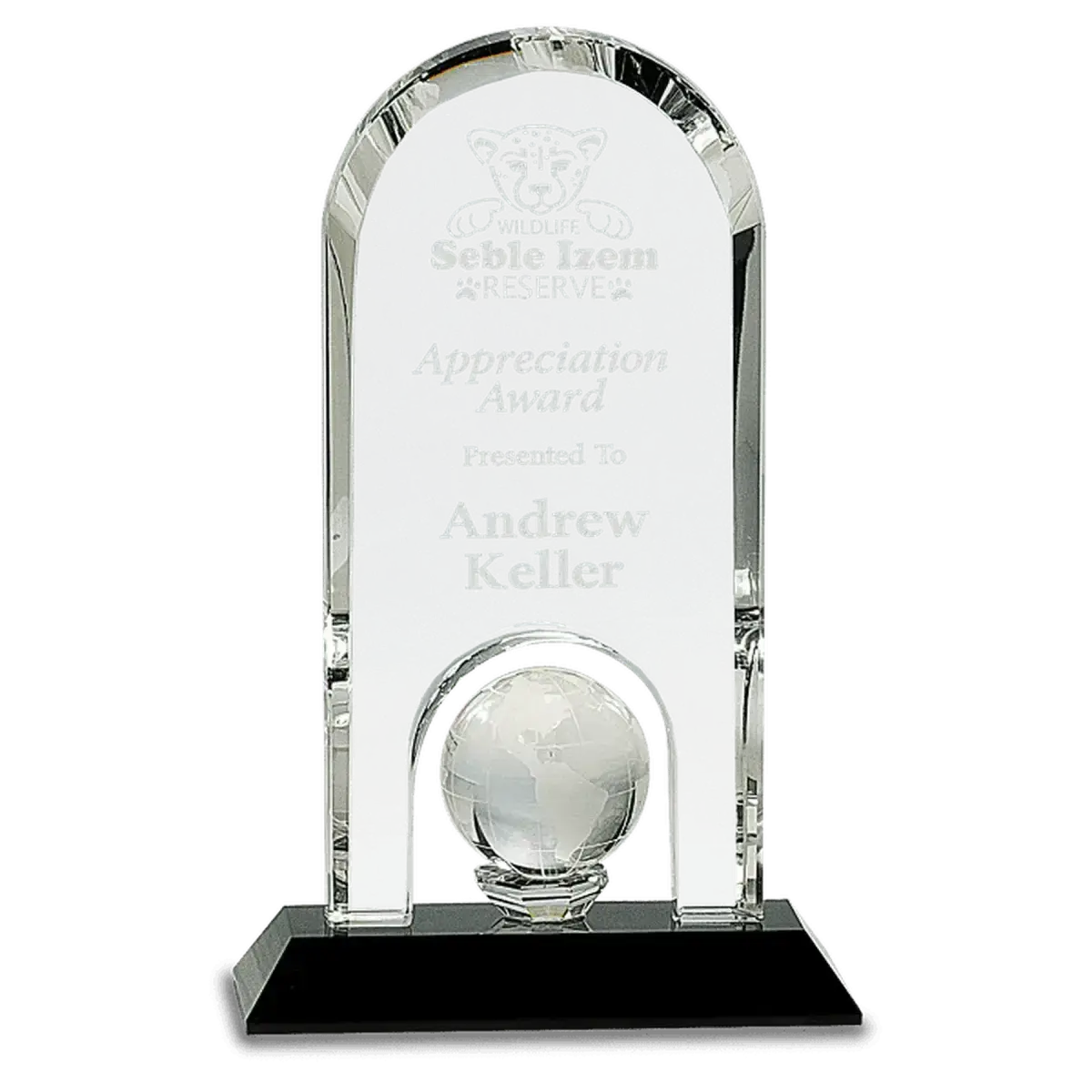 Laser Etched Crystal Globes – Awards, Paperweights and Gifts Crystal Dome with Inset Globe / Clear Globe/Black Base / 8 3/4"