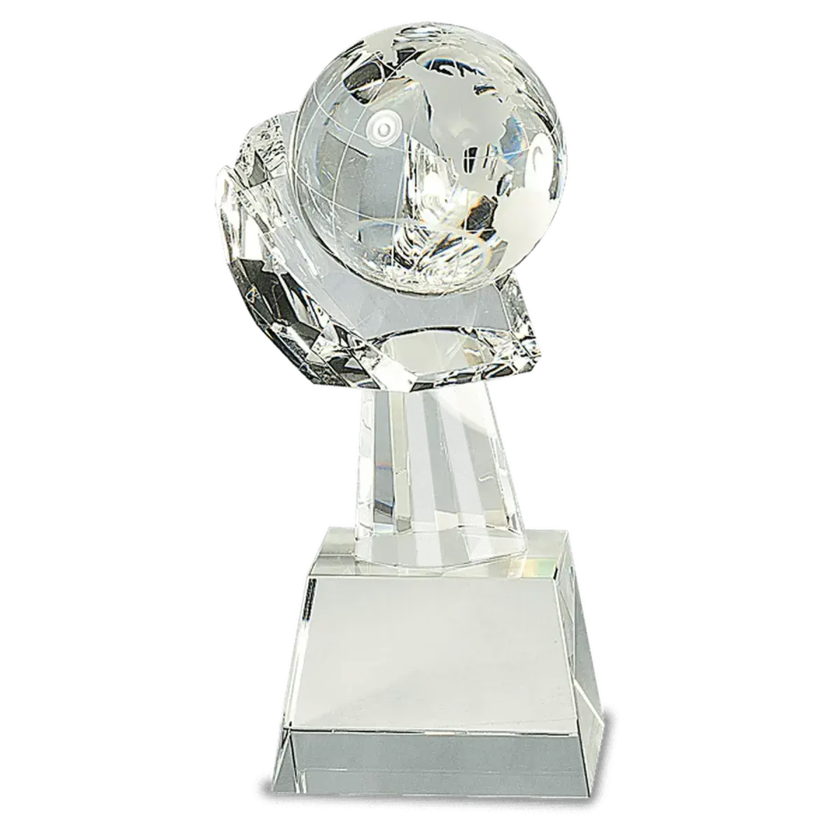Laser Etched Crystal Globes – Awards, Paperweights and Gifts Globe in Hand / Clear Globe/Clear Base / 8"