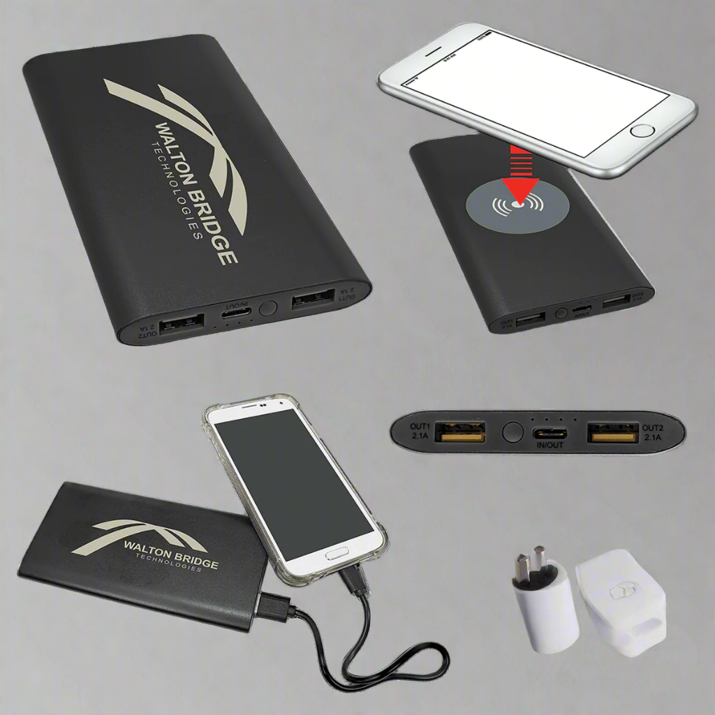Personalized Power Bank & Wireless Charger w/USB-C Cord (8000mAh) Black