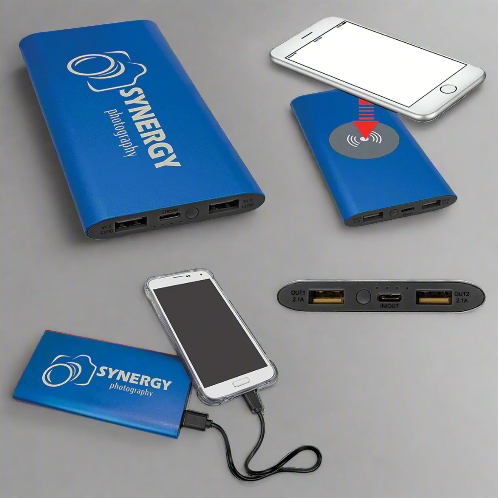 Personalized Power Bank & Wireless Charger w/USB-C Cord (8000mAh) Blue