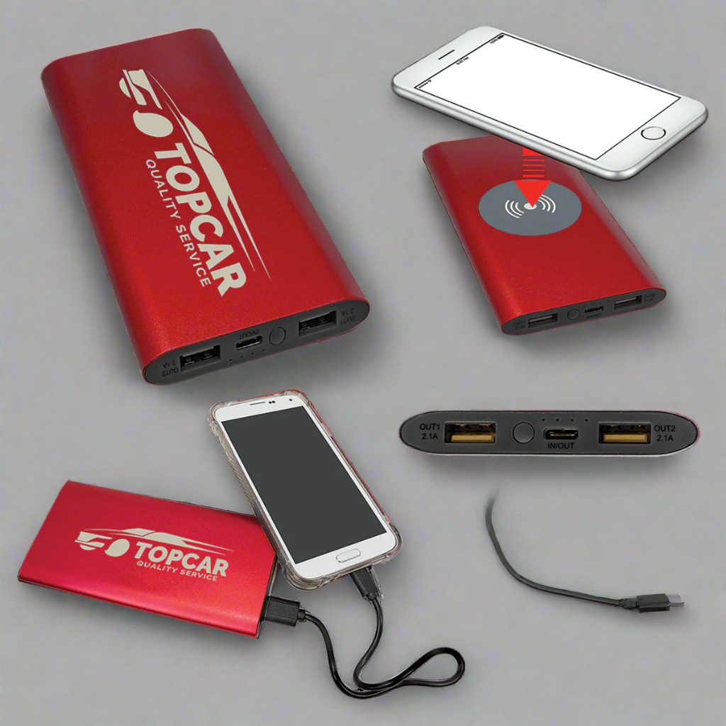 Personalized Power Bank & Wireless Charger w/USB-C Cord (8000mAh) Red