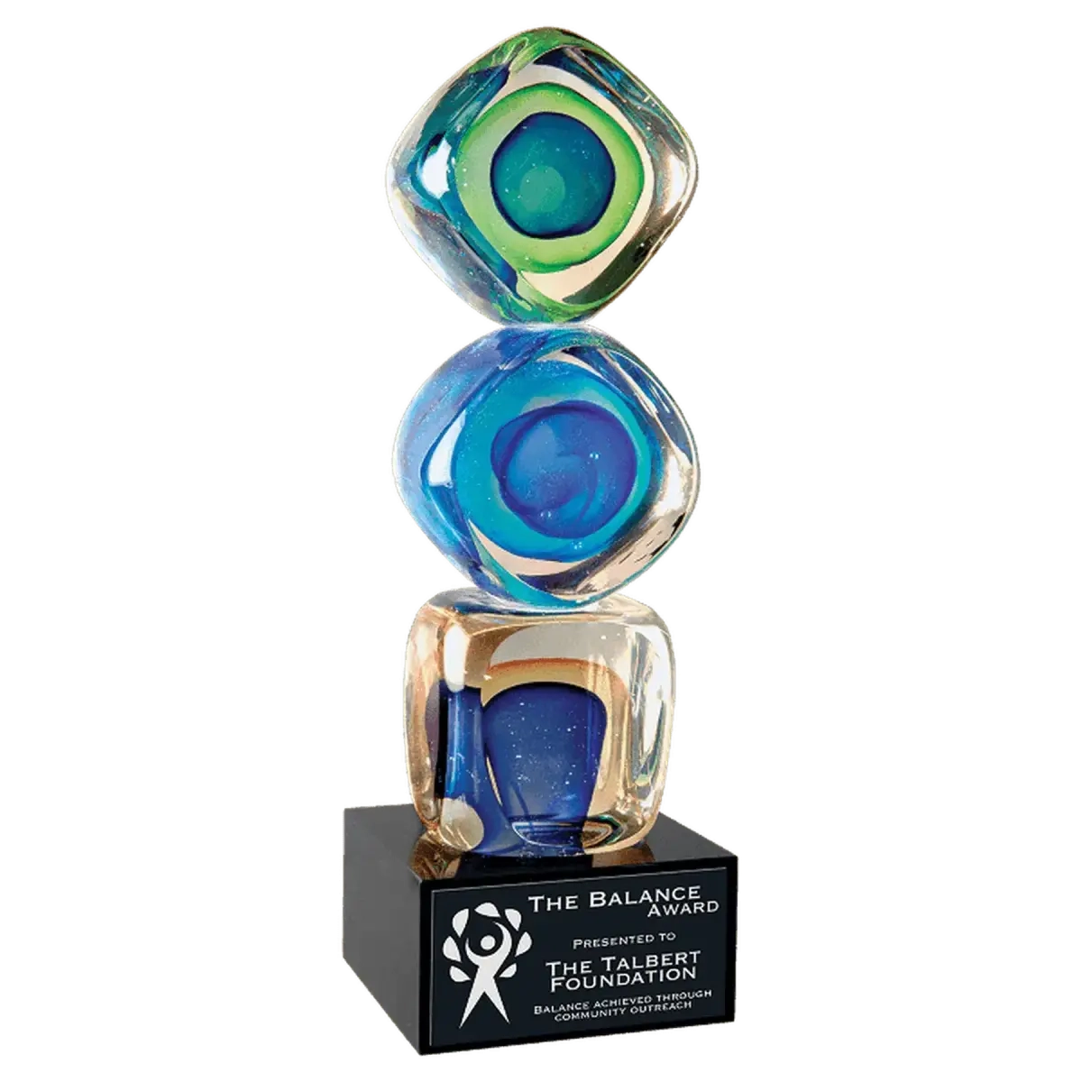 Personalized Art Glass Award Sculpture | Hand-Blown Glass Stacked Blocks / Blue and Green / 3"(L) x 9 1/2"(H)