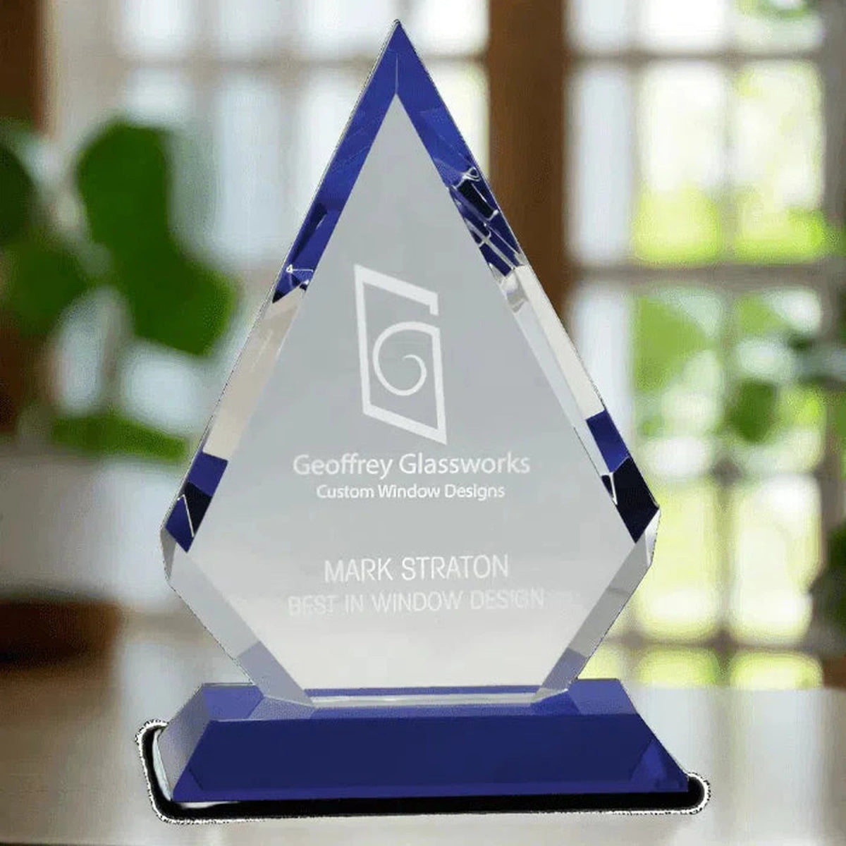 Crystal Diamond Award on Blue Pedestal Base 6" (w) x 9" (h) / Blue Crystal Base