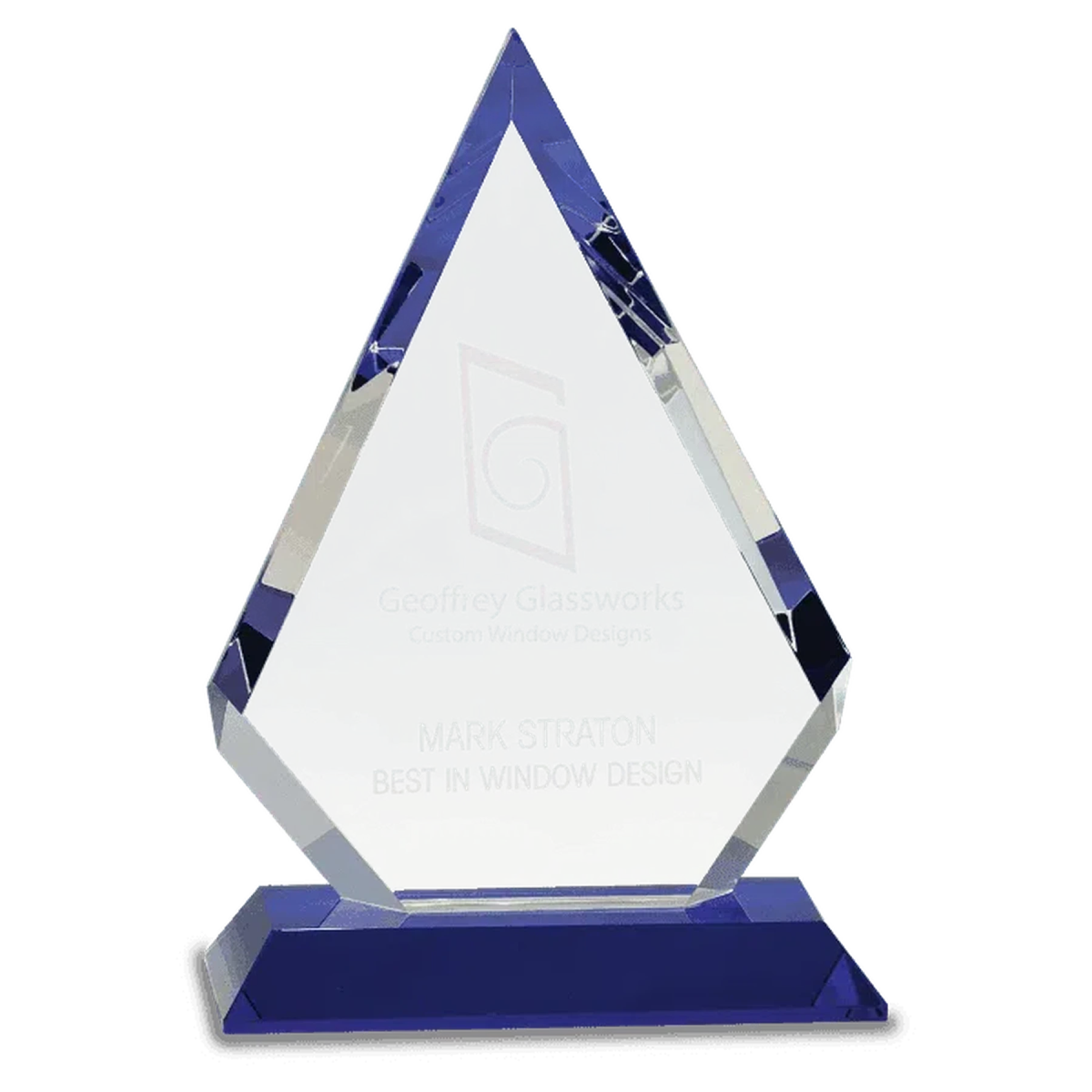 Crystal Diamond Award on Blue Pedestal Base 6" (w) x 9" (h) / Blue Crystal Base