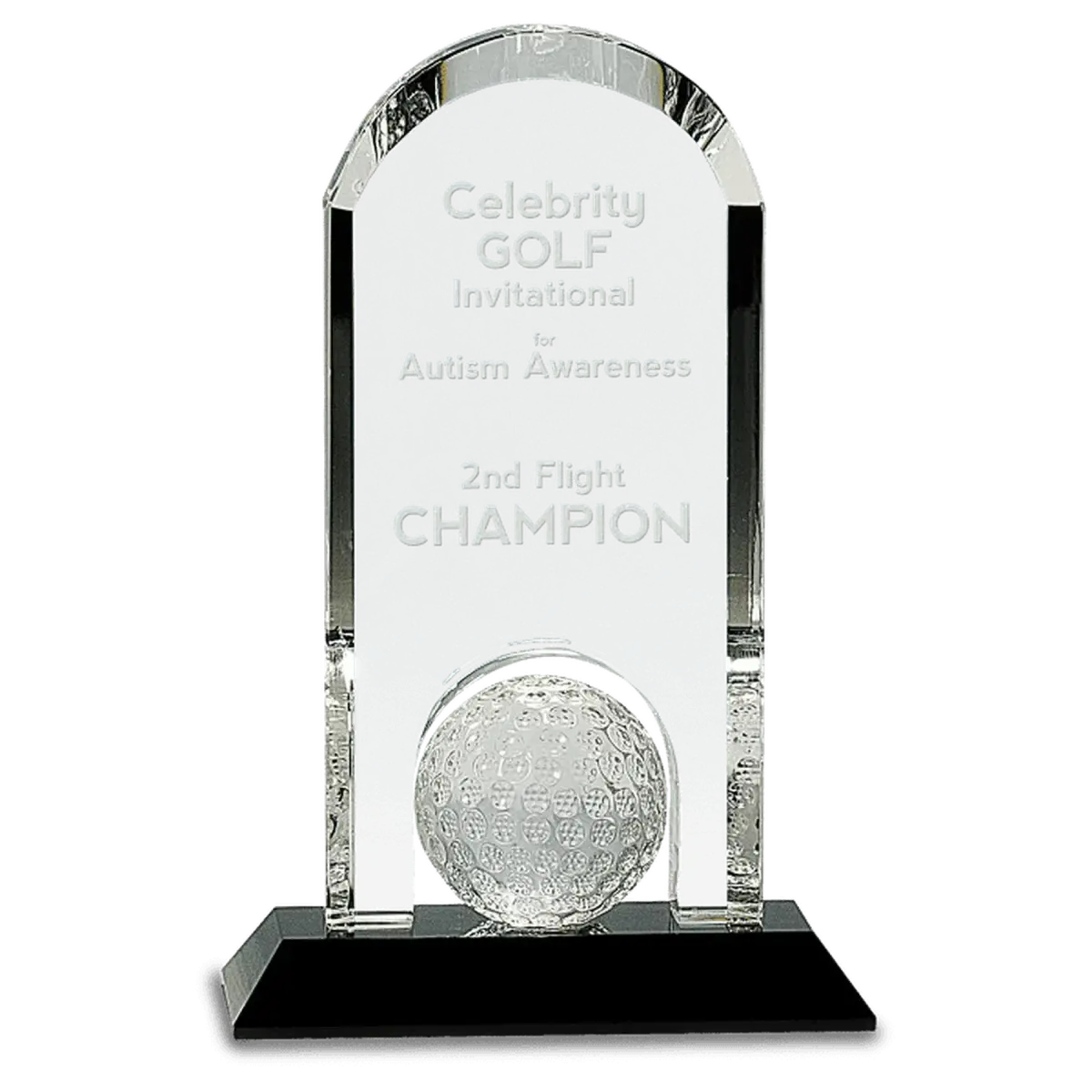 Crystal Golf Awards – Premium Recognition Trophies Crystal Oblong with Inset Golf Ball / 5 1/2"(W) x 6"(H) / Black