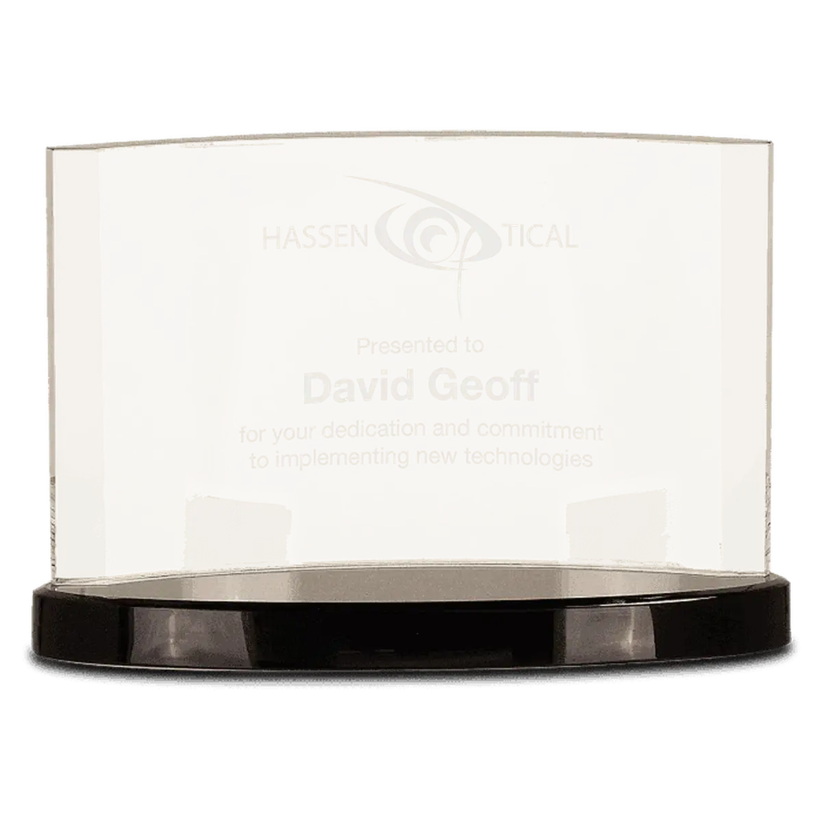 Laser Etched Crystal Crescent Award with Black Base 9" x 6"