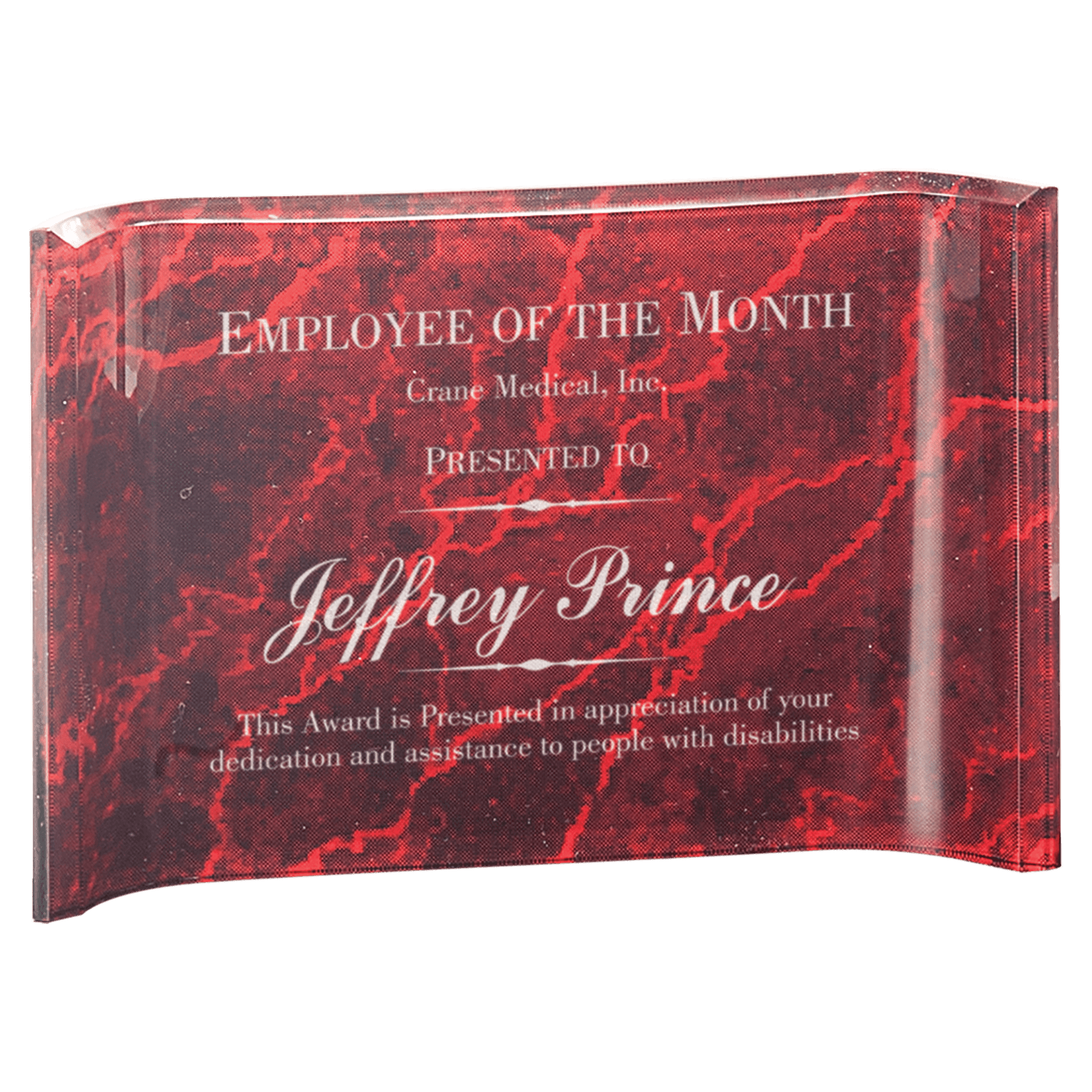 Custom Engraved Marbleized Acrylic Crescent Awards – 1" Thick Acrylic Red / 6" x 4"