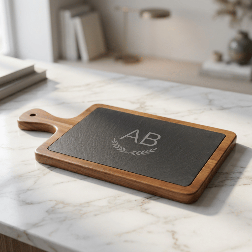 Custom Engraved Acacia & Slate Charcuterie Board with Paddle Handle -