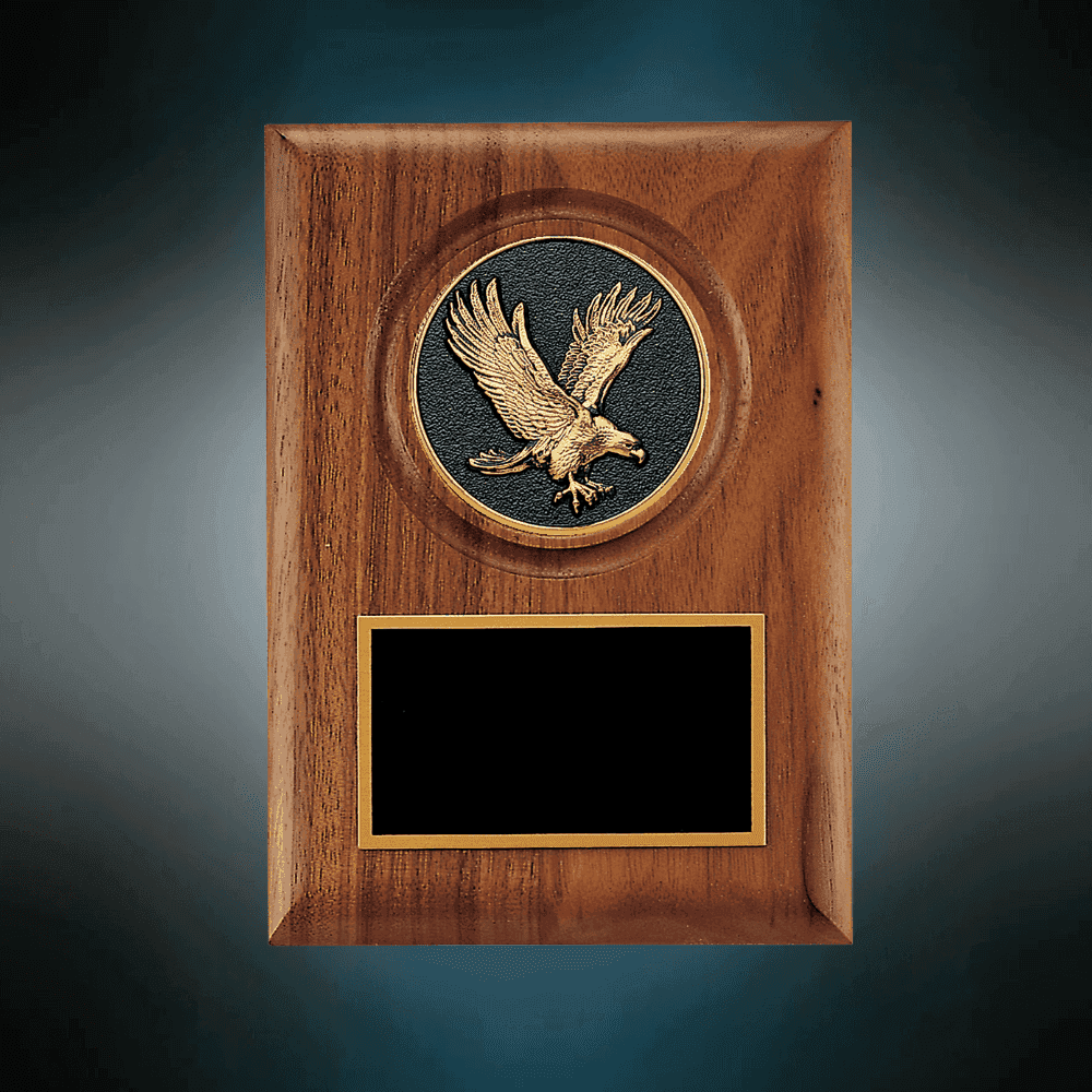 Patriotic American Walnut Plaques with Bronze Cast Accents Detailed Black and Gold Metal Eagle Medallion / 8 x 10 1/2 / 3" Engraving Plate Included
