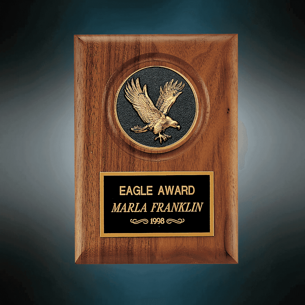Patriotic American Walnut Plaques with Bronze Cast Accents Detailed Black and Gold Metal Eagle Medallion / 8 x 10 1/2 / 3" Engraving Plate Included