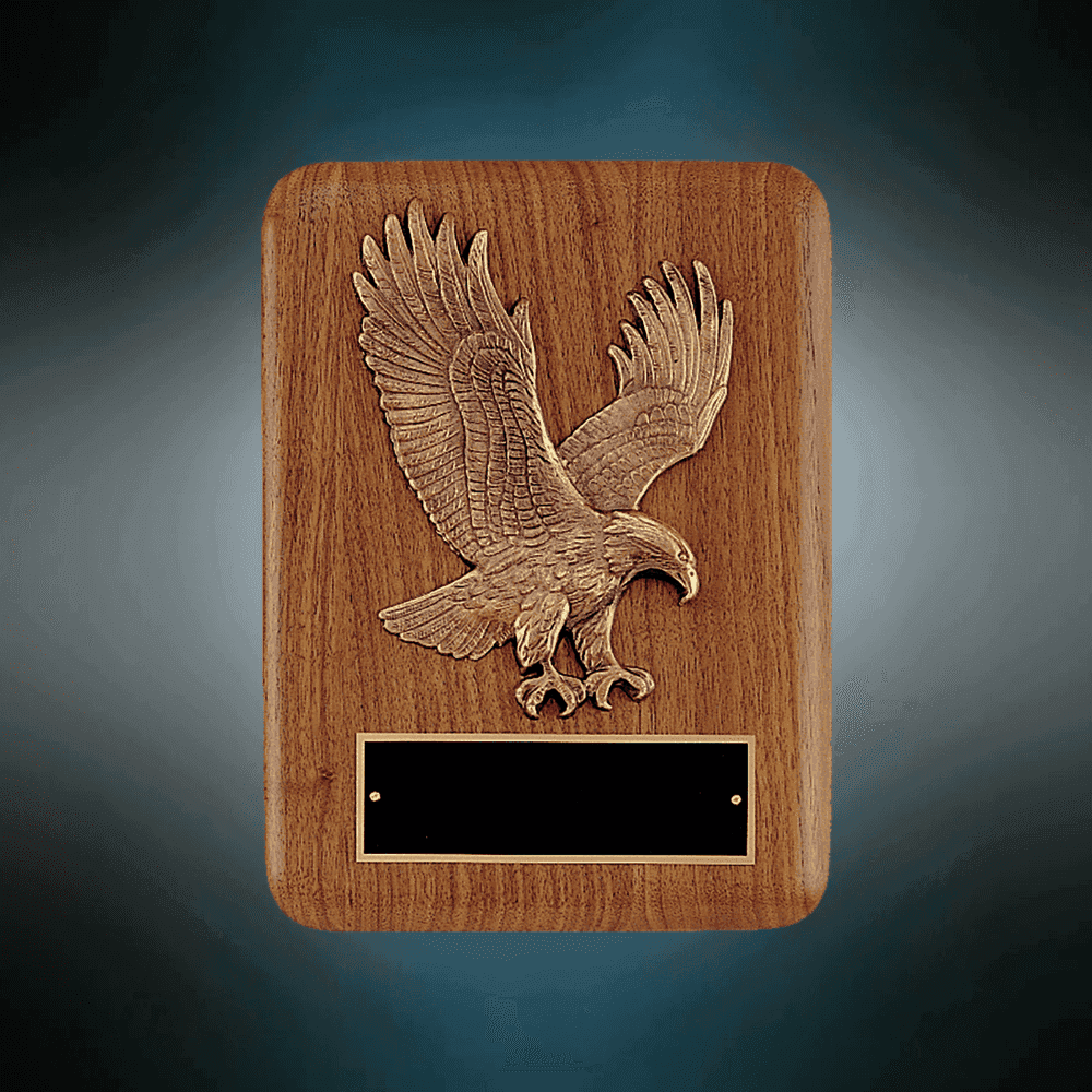 Patriotic American Walnut Plaques with Bronze Cast Accents Sculptured Eagle Relief Casting / 7" x 9" / 1" Engraving Plate Included