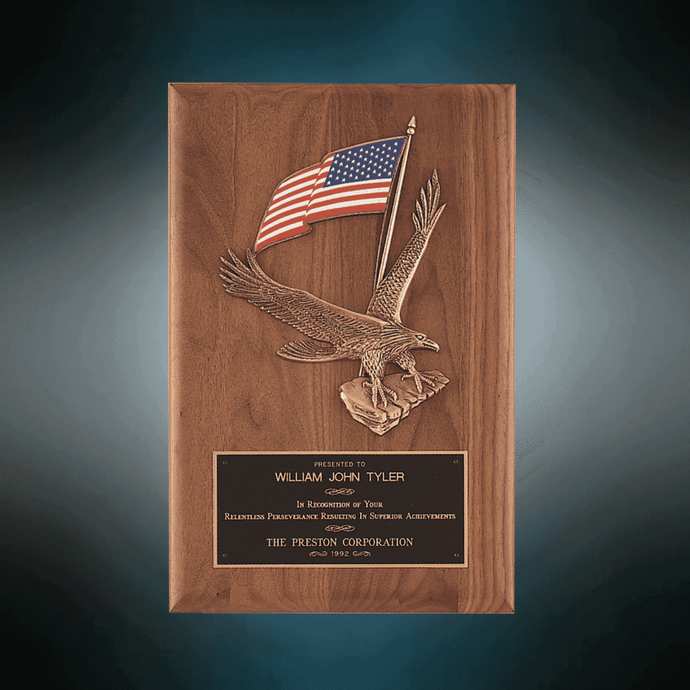 Patriotic American Walnut Plaques with Bronze Cast Accents Detailed Eagle with American Flag Relief / 8 x 10 1/2 / 2" Engraving Plate Included