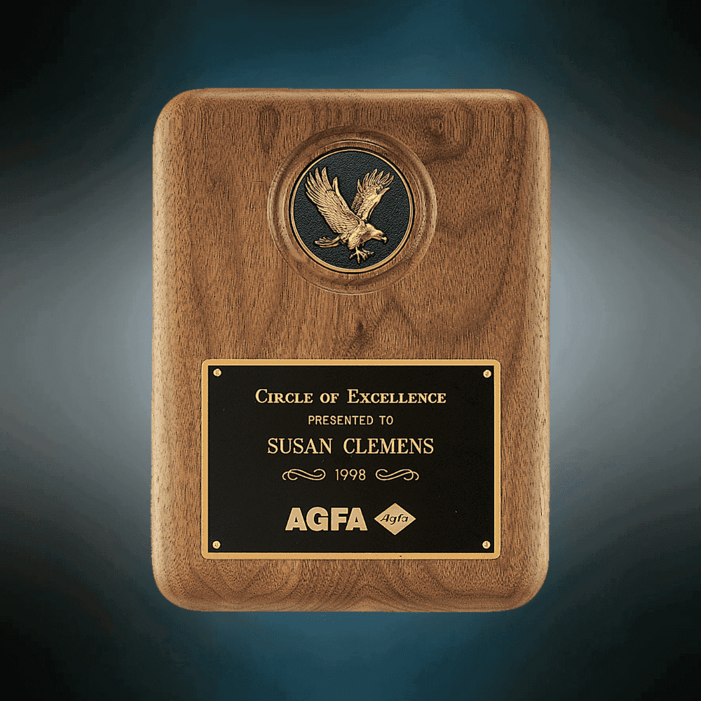 Patriotic American Walnut Plaques with Bronze Cast Accents Detailed Black and Gold Metal Eagle Medallion / 8 x 10 1/2 / 3" Engraving Plate Included