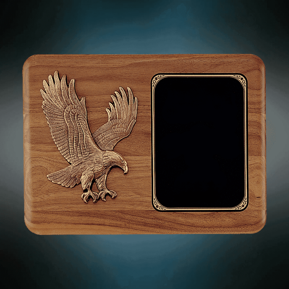 Patriotic American Walnut Plaques with Bronze Cast Accents Detailed Black and Gold Metal Eagle Medallion / 8 x 10 1/2 / 3" Engraving Plate Included