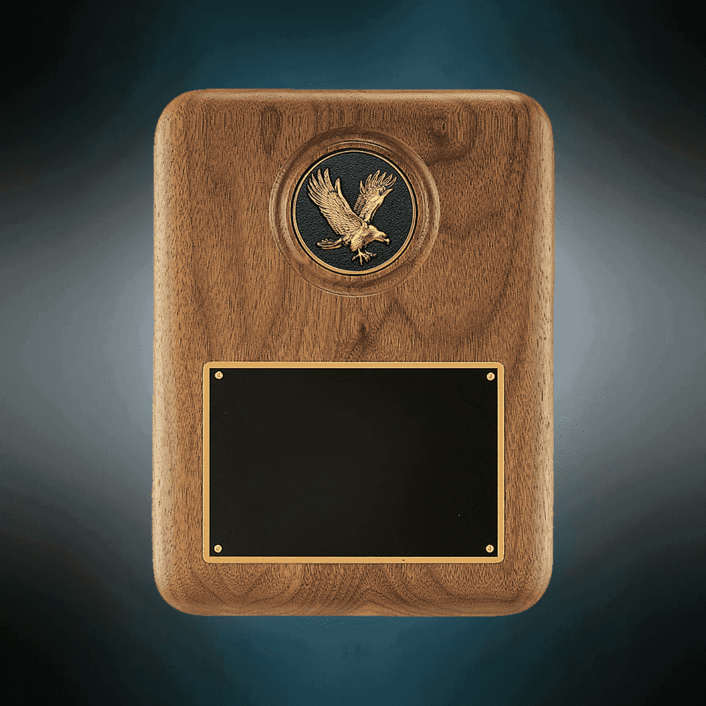 Patriotic American Walnut Plaques with Bronze Cast Accents Detailed Black and Gold Metal Eagle Medallion / 8 x 10 1/2 / 3" Engraving Plate Included