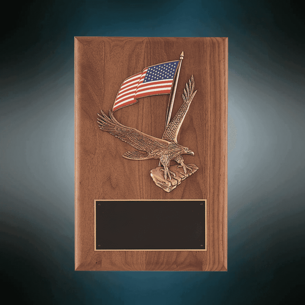 Patriotic American Walnut Plaques with Bronze Cast Accents Detailed Black and Gold Metal Eagle Medallion / 8 x 10 1/2 / 3" Engraving Plate Included