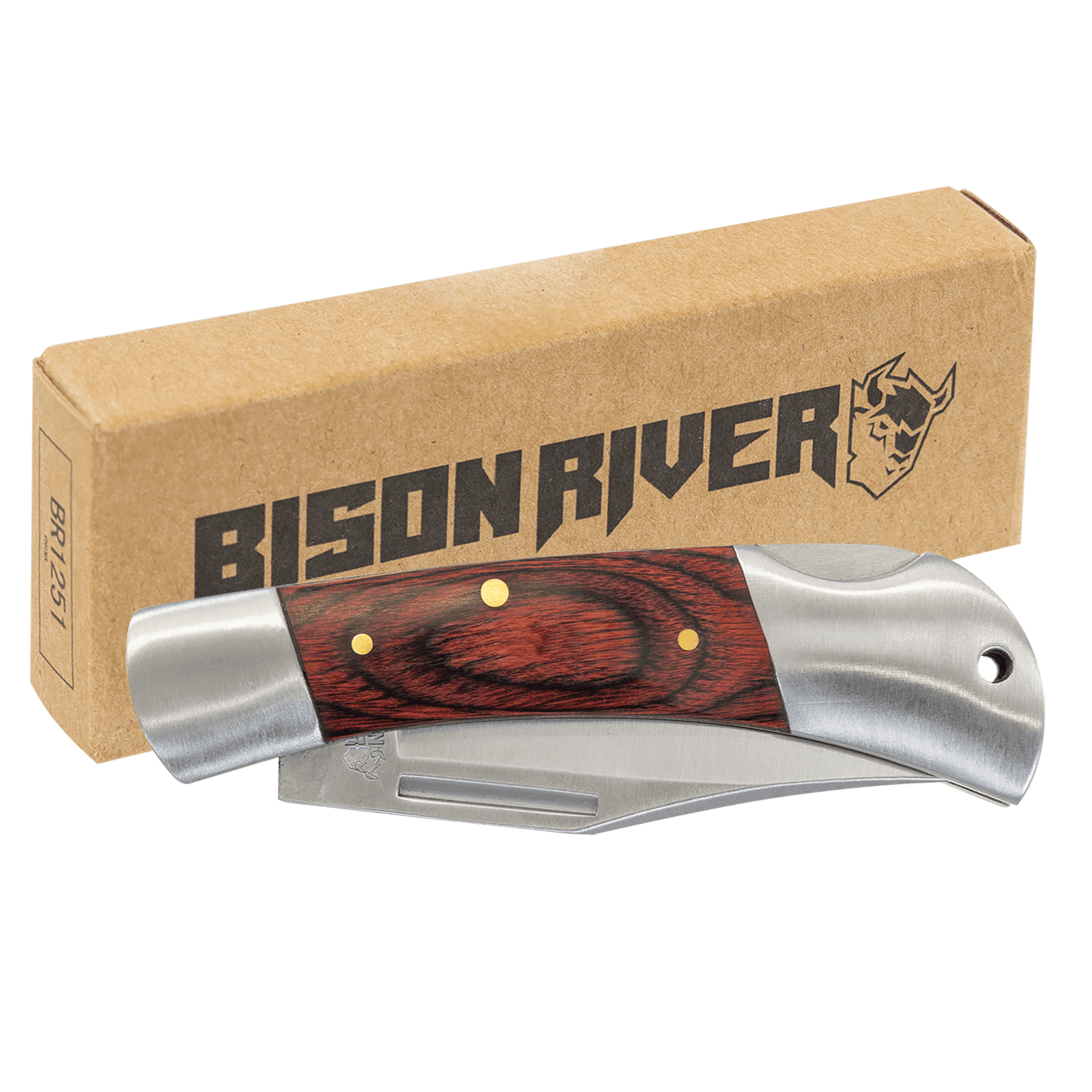 Engraved Bison River Folding Knife - Stainless Steel Blade Lock Back Blade - Pakkawood Handle / 3 1/2"(L) closed 6 1/2" (L) open / Stainless Steel