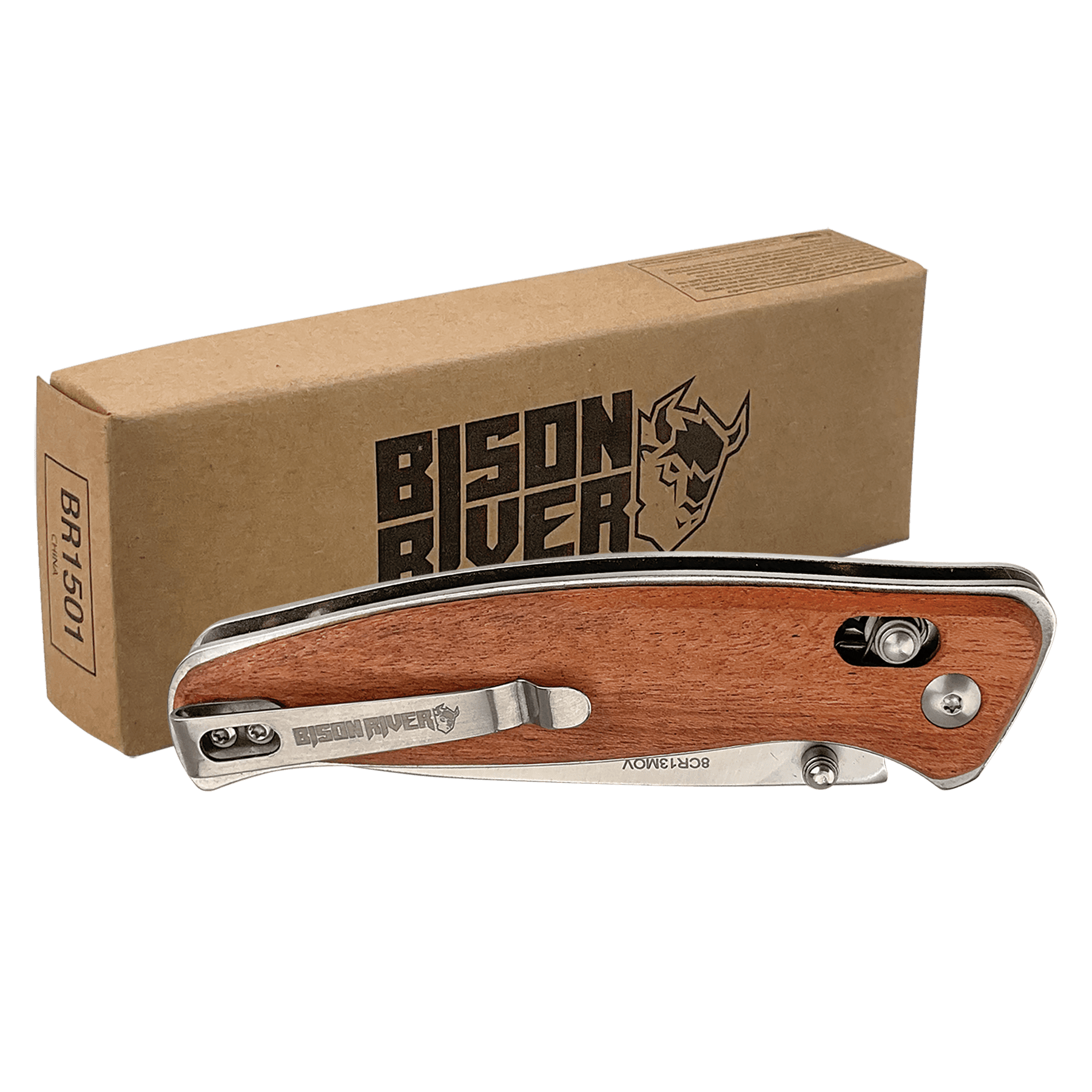 Engraved Bison River Folding Knife - Stainless Steel Blade Lock Back Blade - Pakkawood Handle / 3 1/2"(L) closed 6 1/2" (L) open / Stainless Steel
