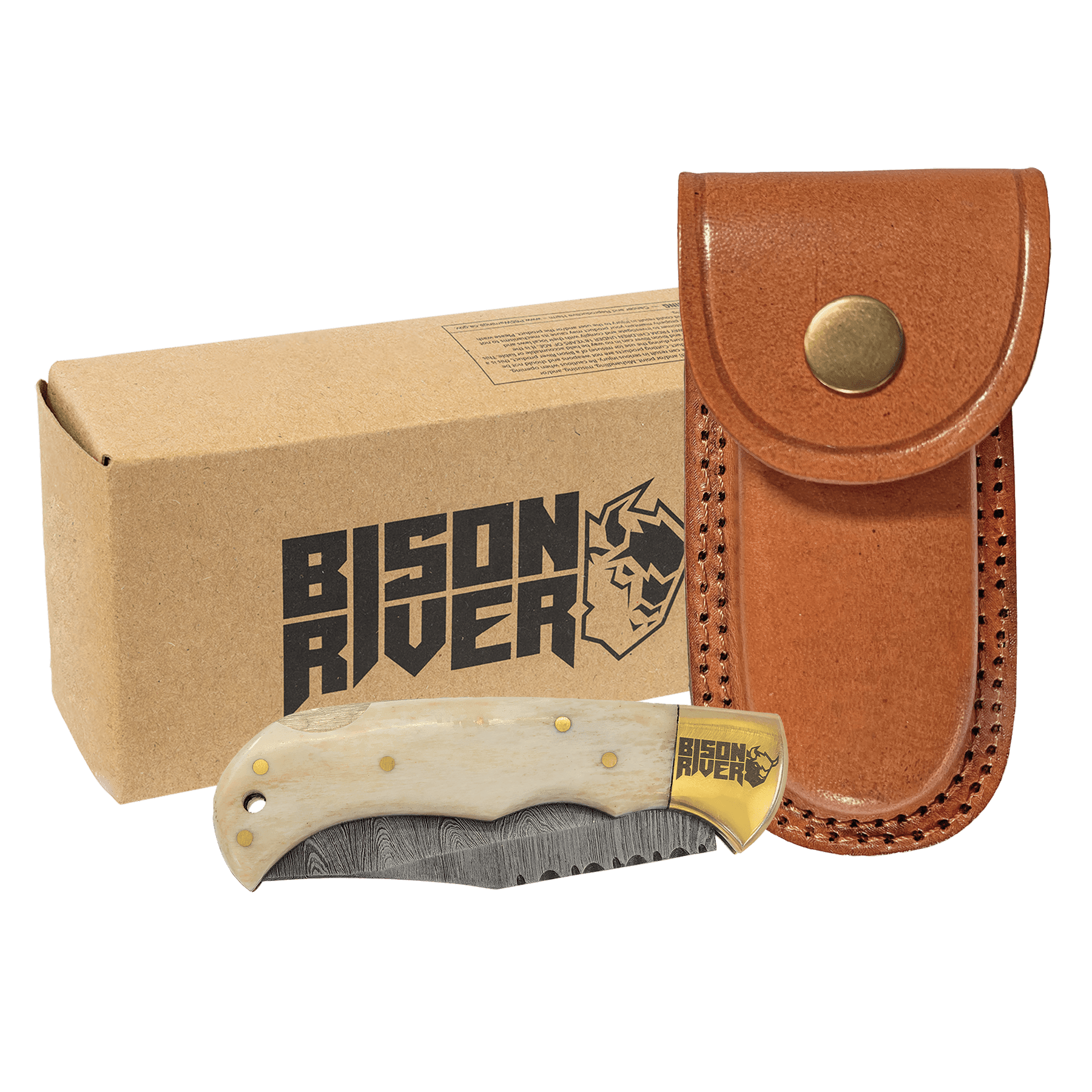 Engraved Bison River Folding Knife | Damascus Steel Blade & Leather Sheath Folding and Locking