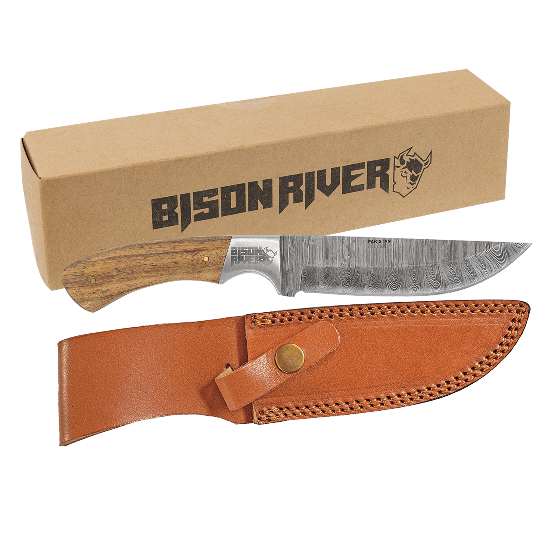 Custom Engraved Bison River Acacia Fixed Blade Knife | Damascus Steel 7 3/4" / Fixed Blade - Acacia Wood Handle / Damascus Steel