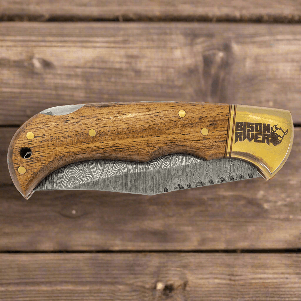 Engraved Bison River Folding Knife | Damascus Steel Blade & Leather Sheath Folding and Locking - Wood Handle / Damascus Steel / 3 ¾" (L) x 1 ¼" (W) Closed