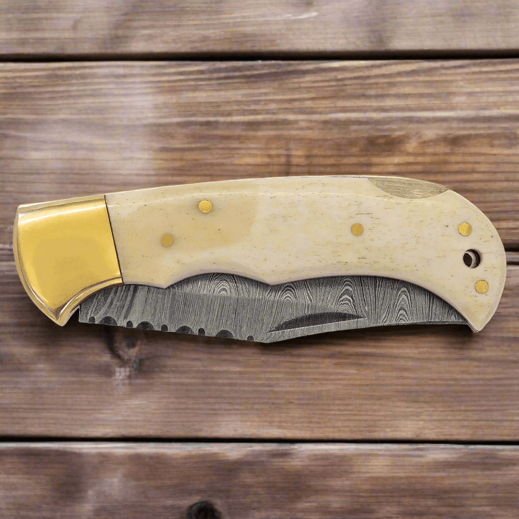 Engraved Bison River Folding Knife | Damascus Steel Blade & Leather Sheath Folding and Locking - Bone Handle / Damascus Steel / 3 ¾" (L) x 1 ¼" (W) Closed