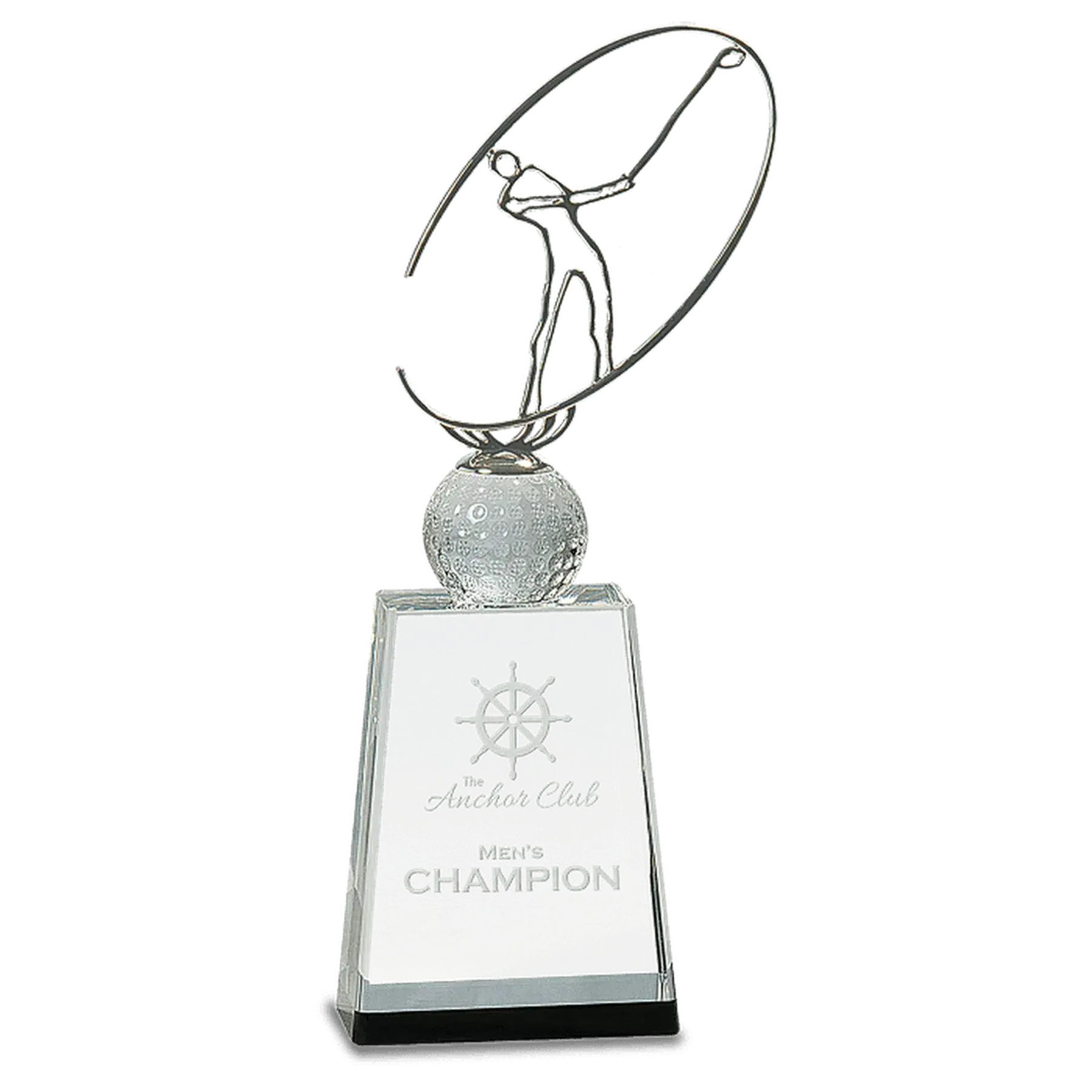 Crystal Golf Awards – Premium Recognition Trophies Silver Metal Oval Figure on Diamond Riser and Pedestal Base / 5"(W) x 12"(W) / Clear with Black Accent