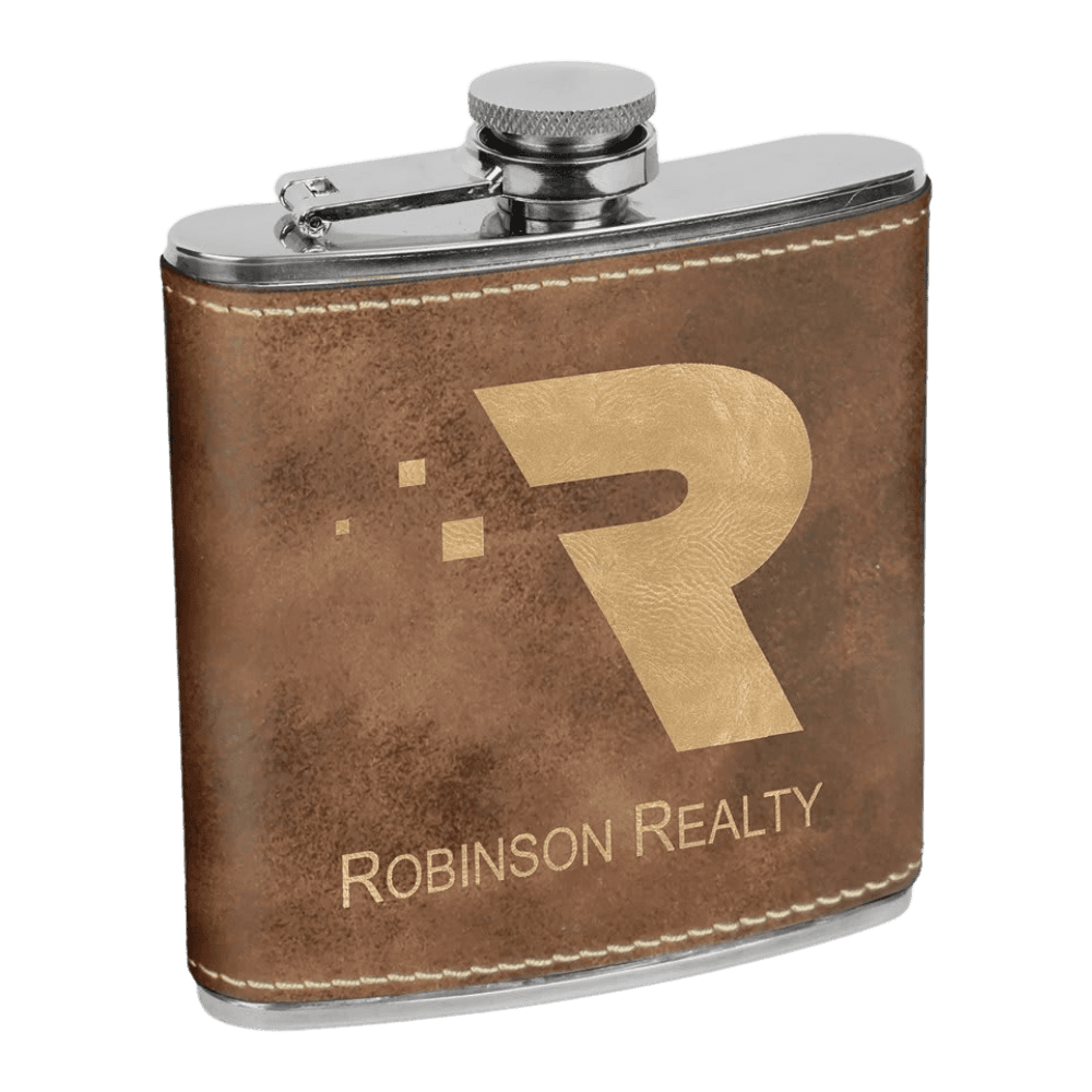 Personalized Flasks – 6 oz. Stainless with Leatherette & Cork Wraps Leatherette / Rustic/Gold / 6 oz.