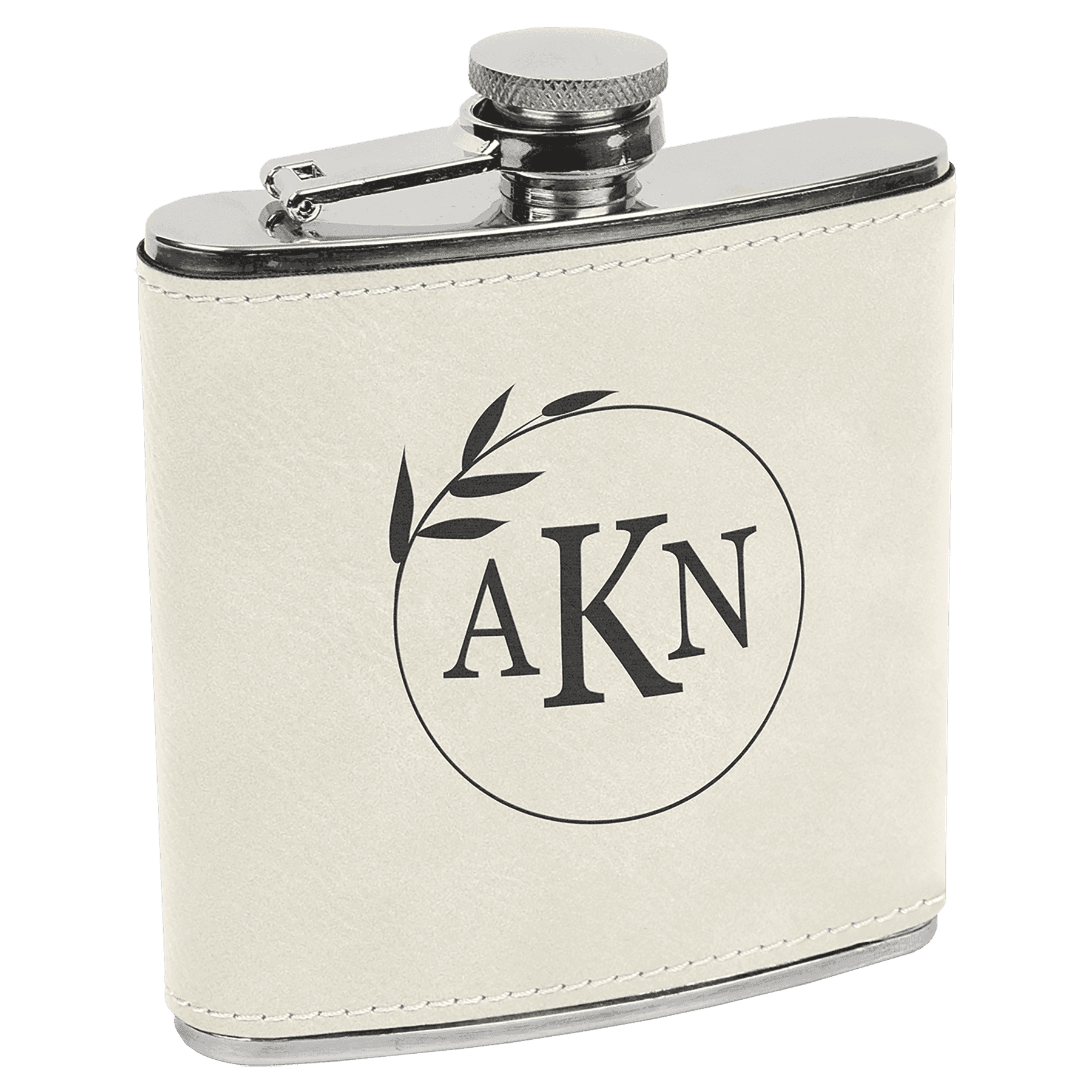 Personalized Flasks – 6 oz. Stainless with Leatherette & Cork Wraps Leatherette / Black/Gold / Stainless Steel