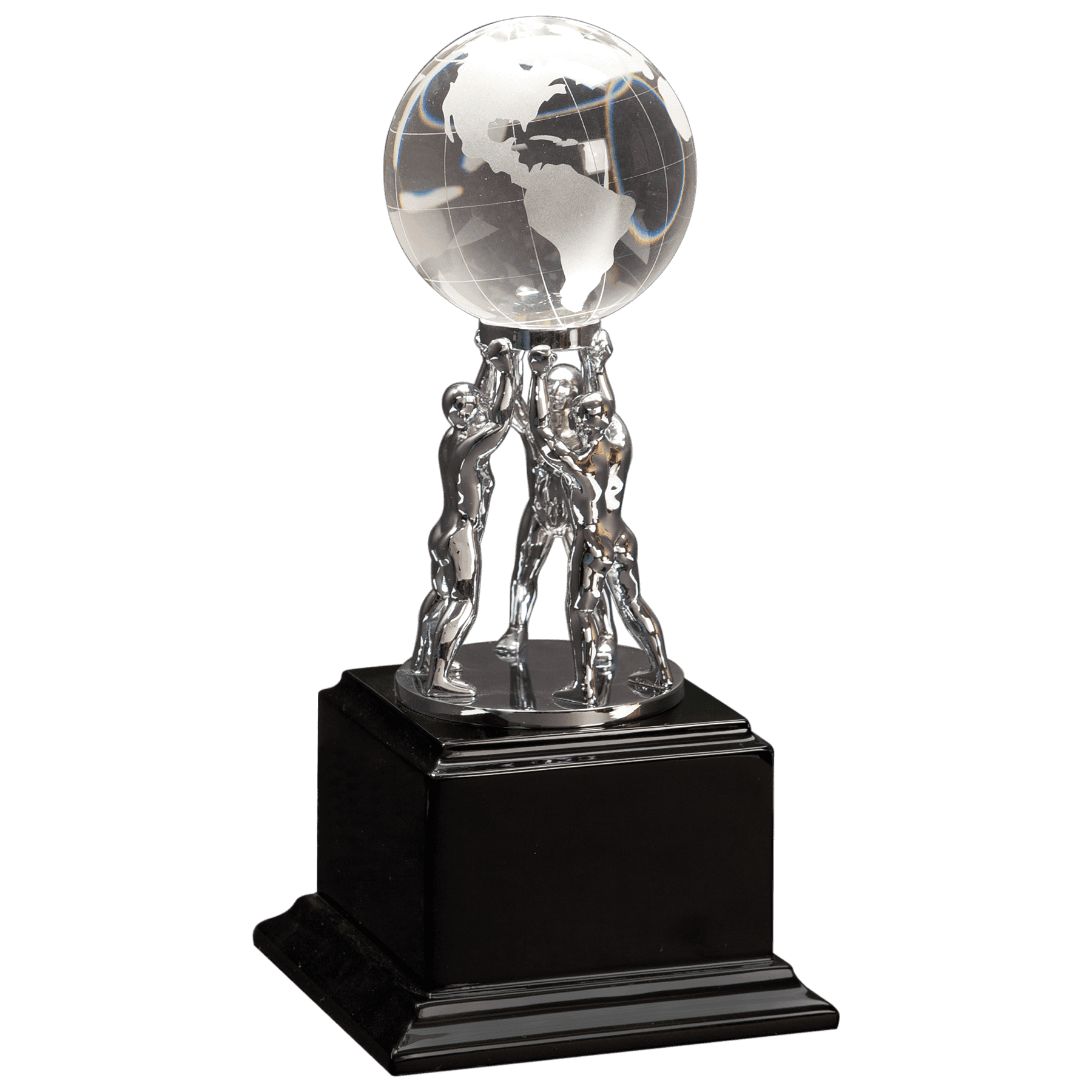 Laser Etched Crystal Globes – Awards, Paperweights and Gifts Men and Globe Metal/Crystal Display / Clear Globe/Black Pedestal Base / 10"