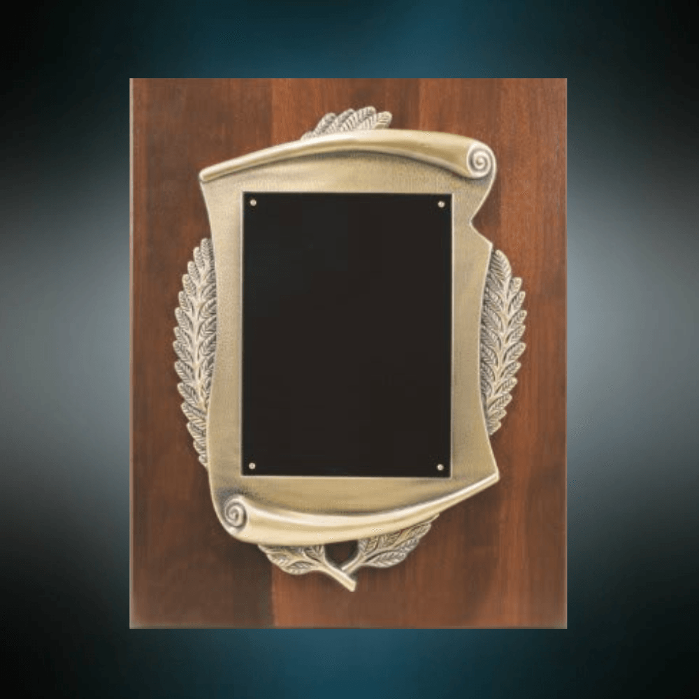 Walnut Award Plaques with Metal Scroll and Black Brass Plate 8 x 10